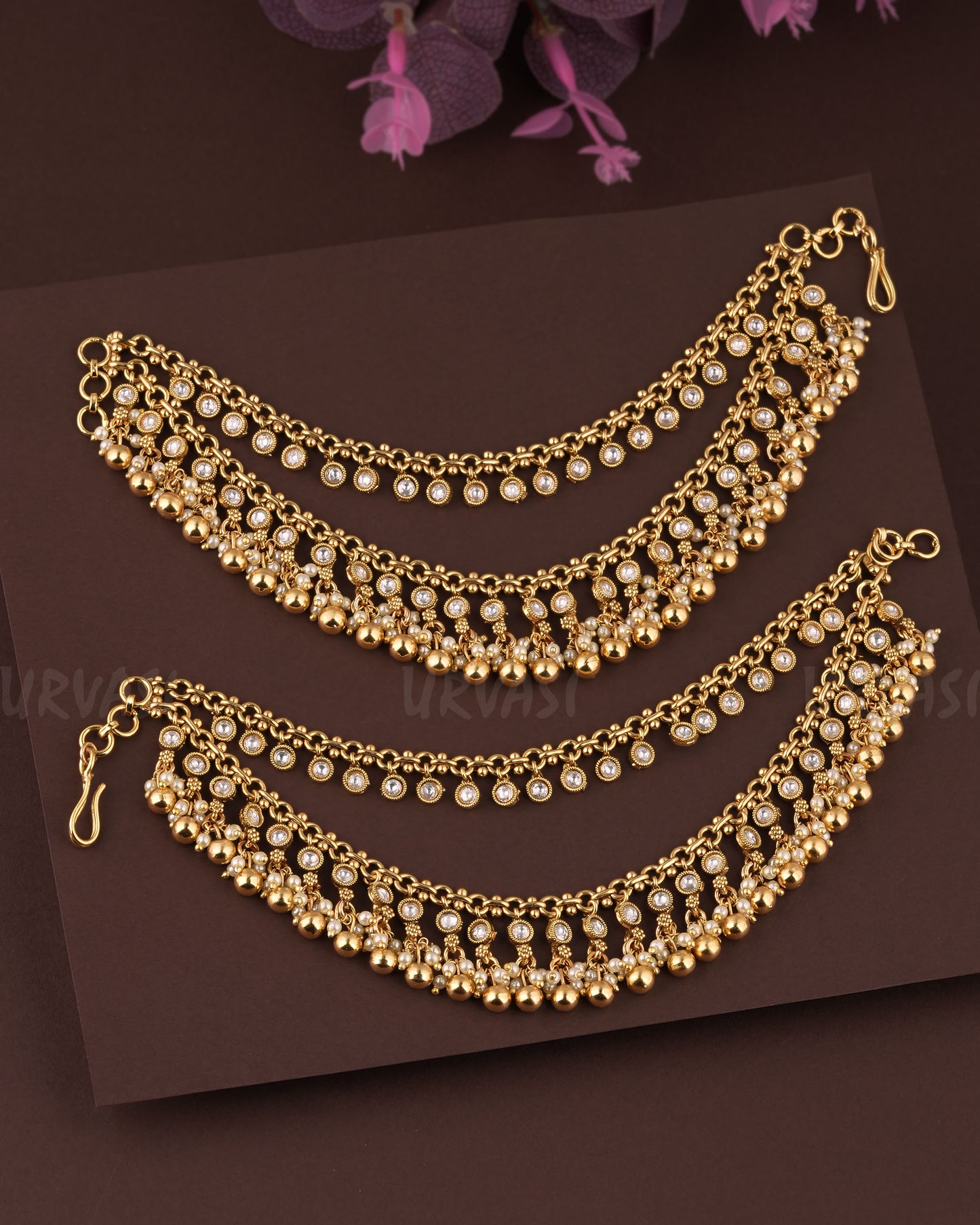 Gold Polish Ball Designed Two Layer Ear-Chain EC 93