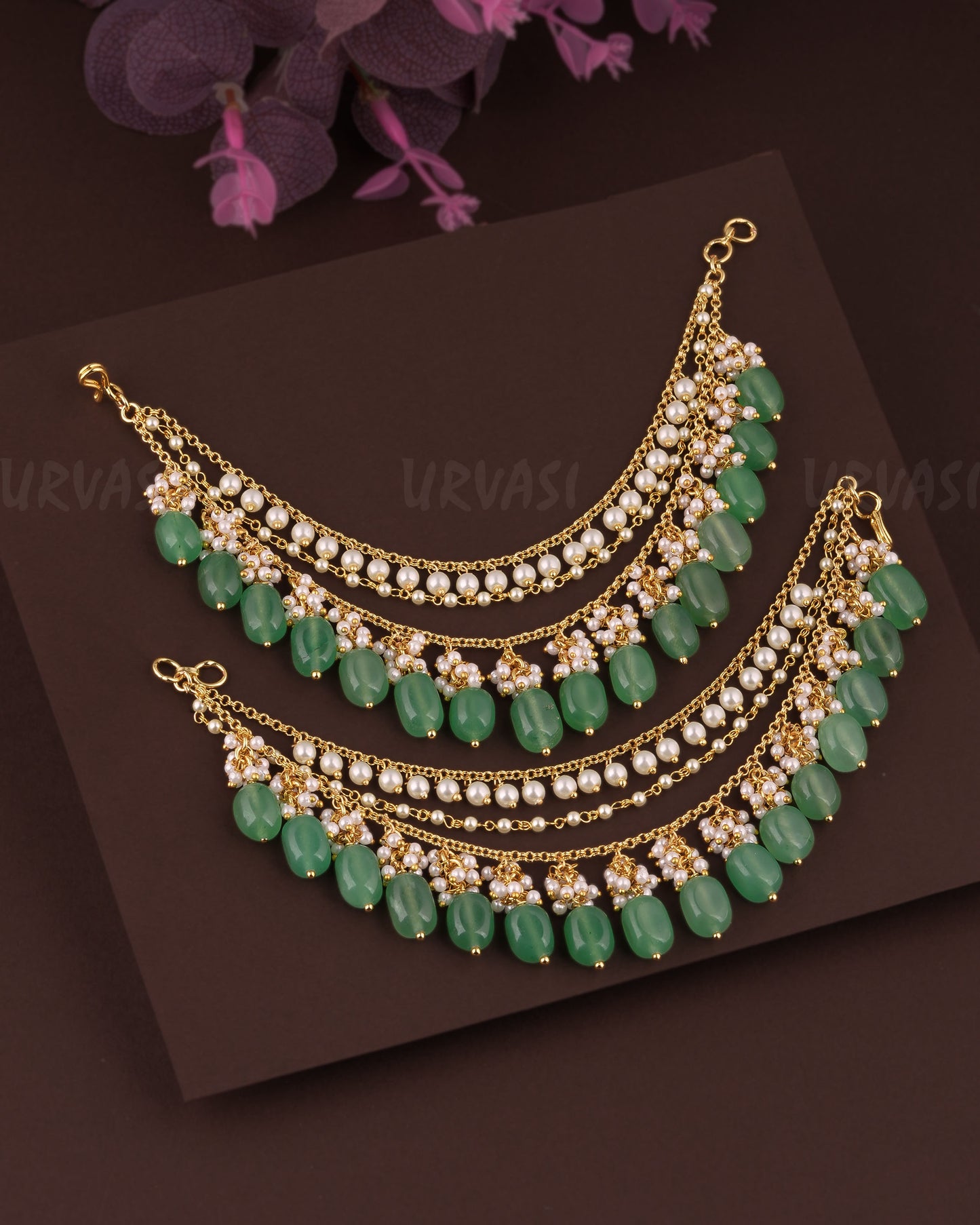 Gold-Toned Three-Layer Pearl-Drop Ear Chain EC 62