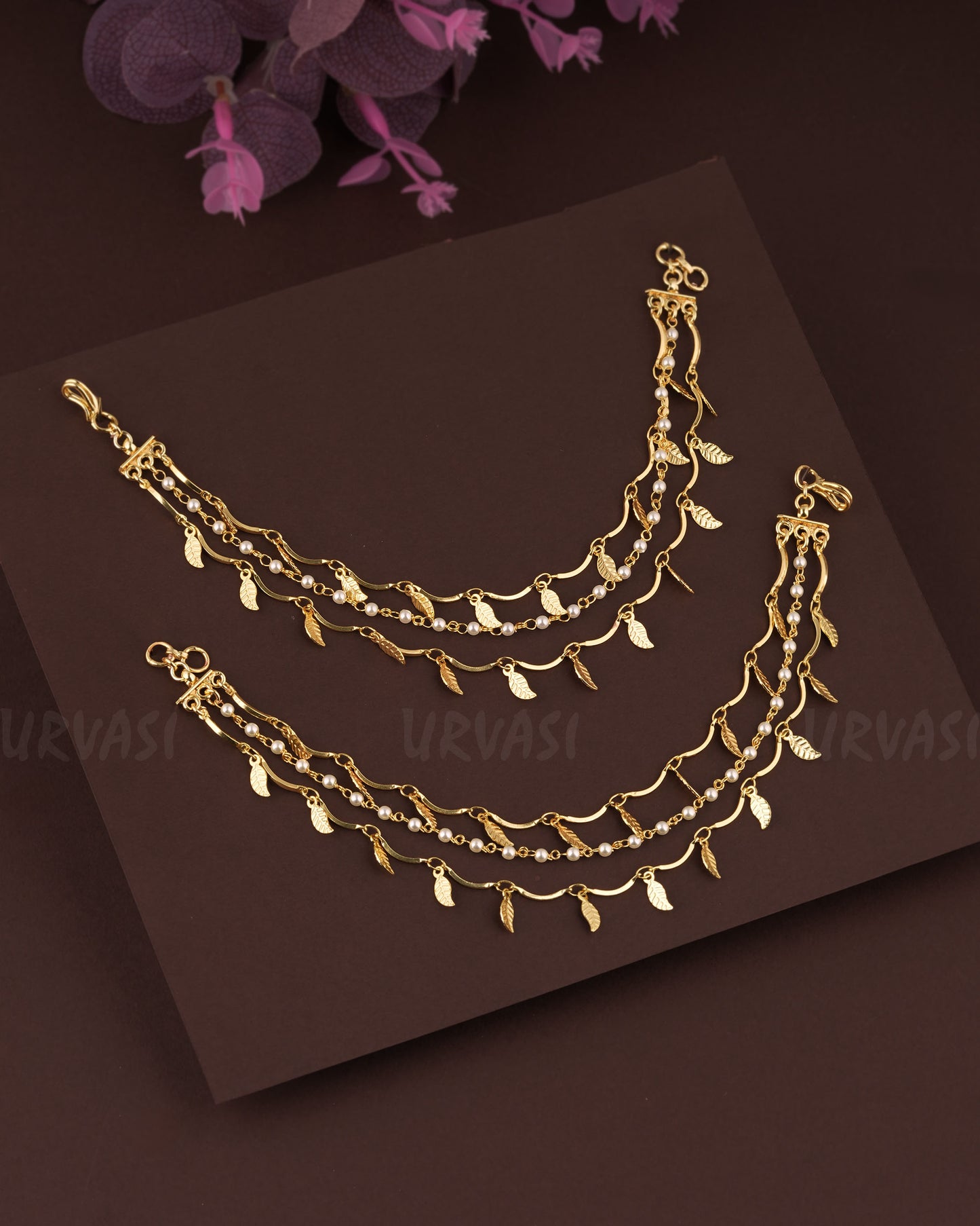 Gold-Toned Leaf Designed Pearl Three-Layer Ear Chain EC 58