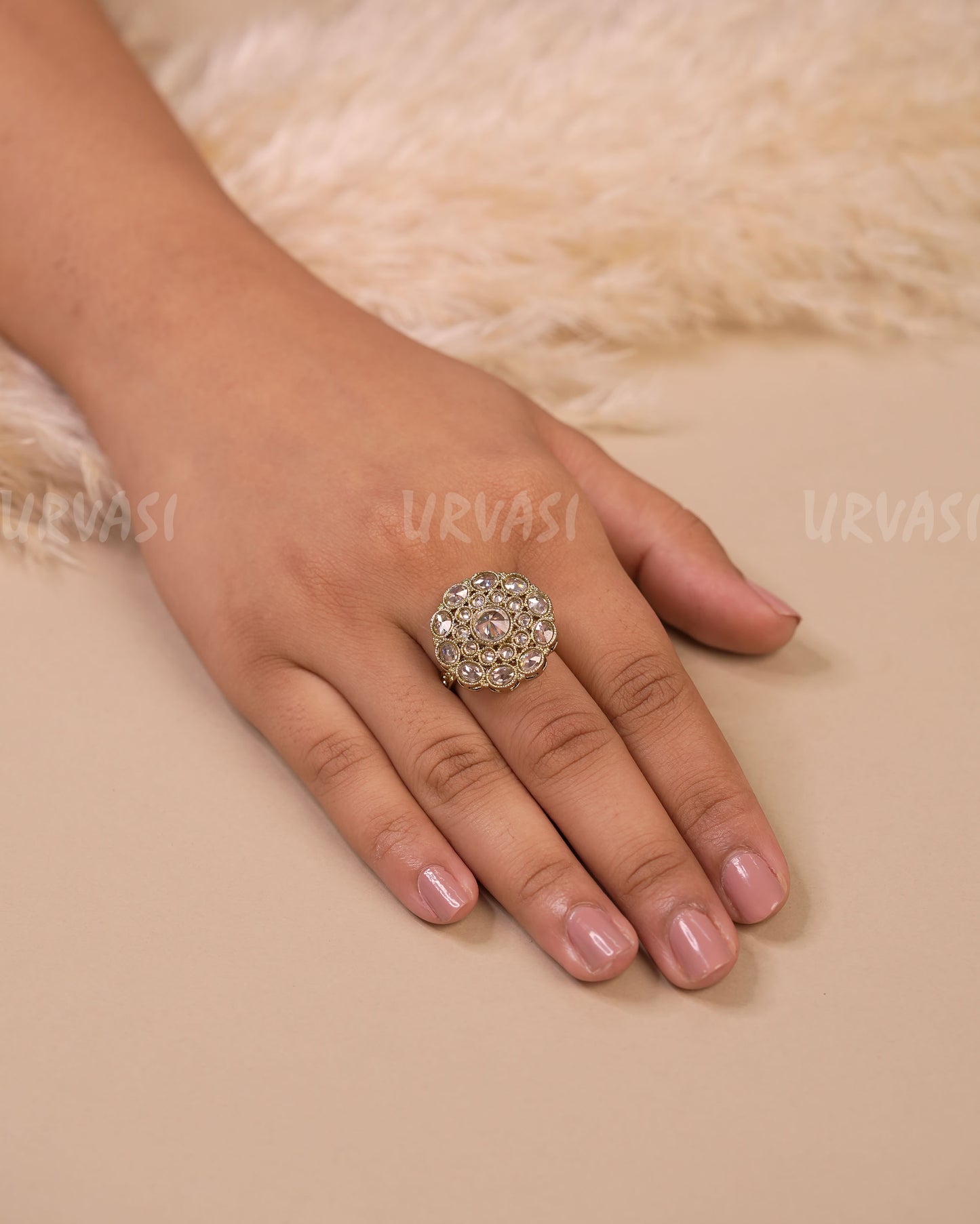 Mehendi-Toned Polki Floral Finger Ring FR 101