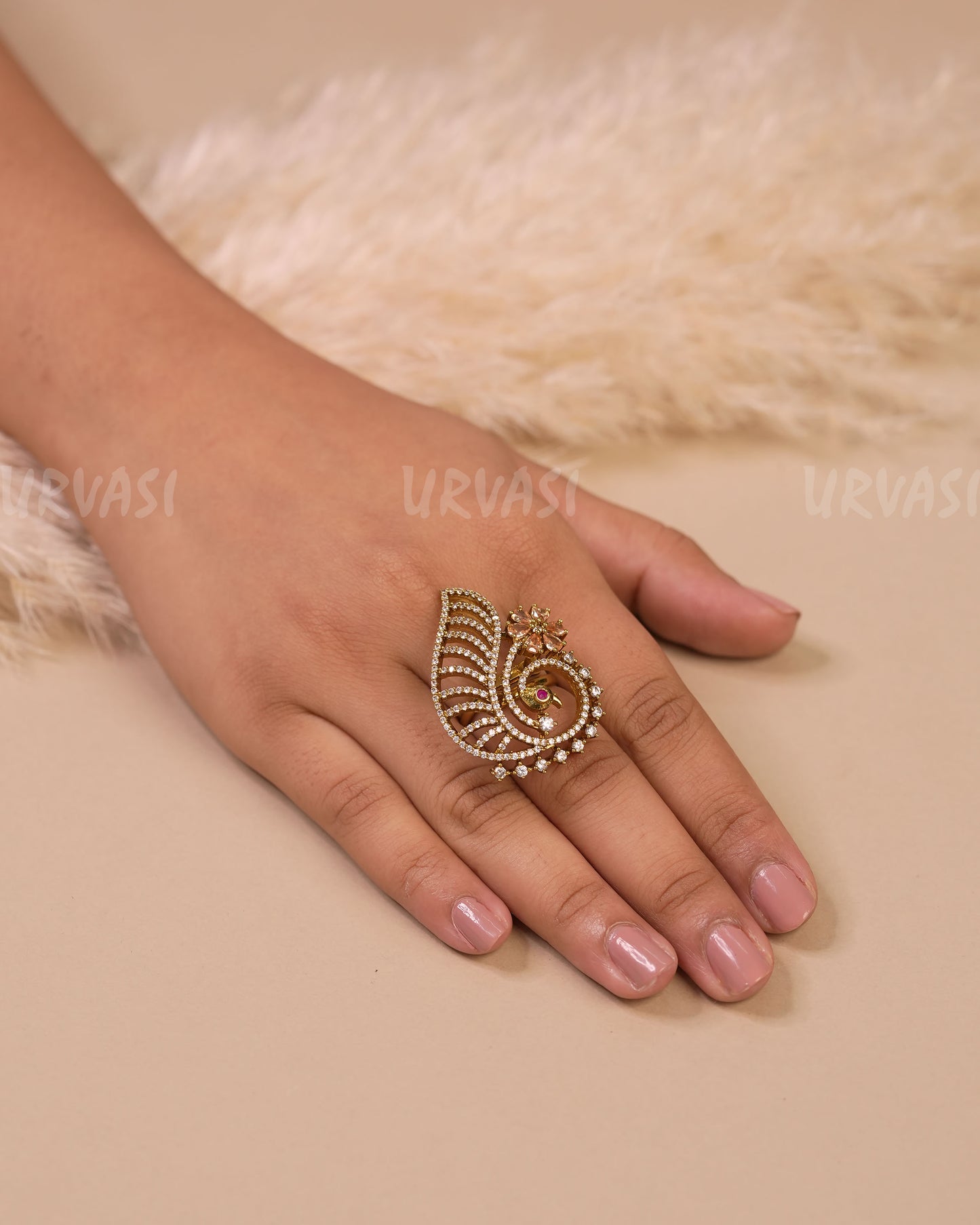 Mehendi-Toned Floral Peacock Designed Bridal Finger Ring FR 99