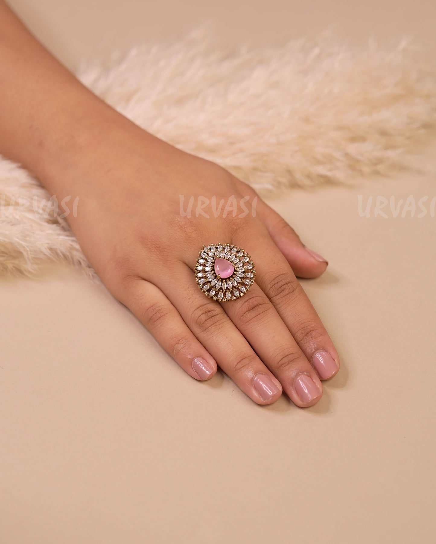 Mehendi Polish Tear-Drop Designed Stone-Studded Finger Ring FR 93