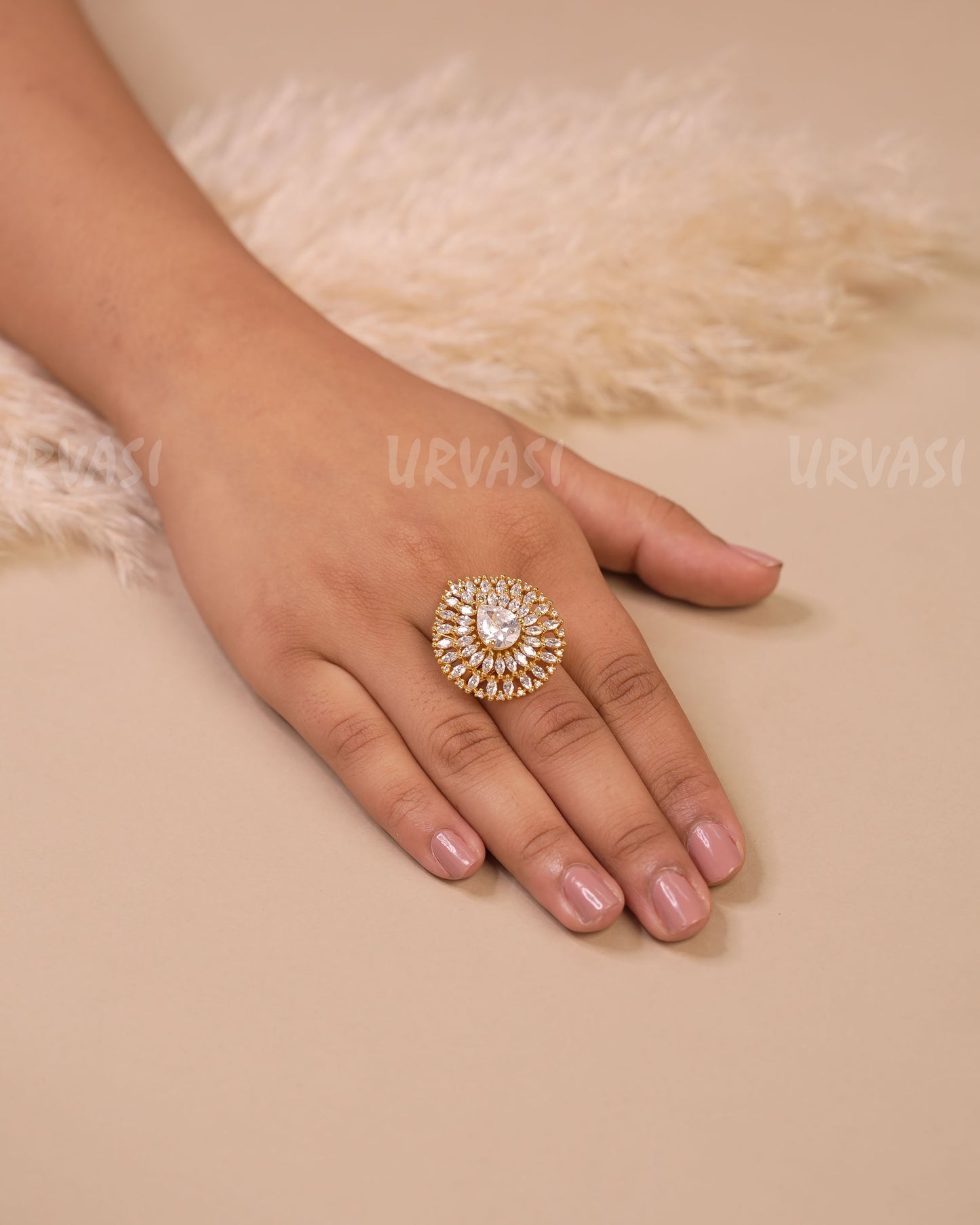 Gold-Toned Teardrop Designed Bridal Finger Ring FR 89