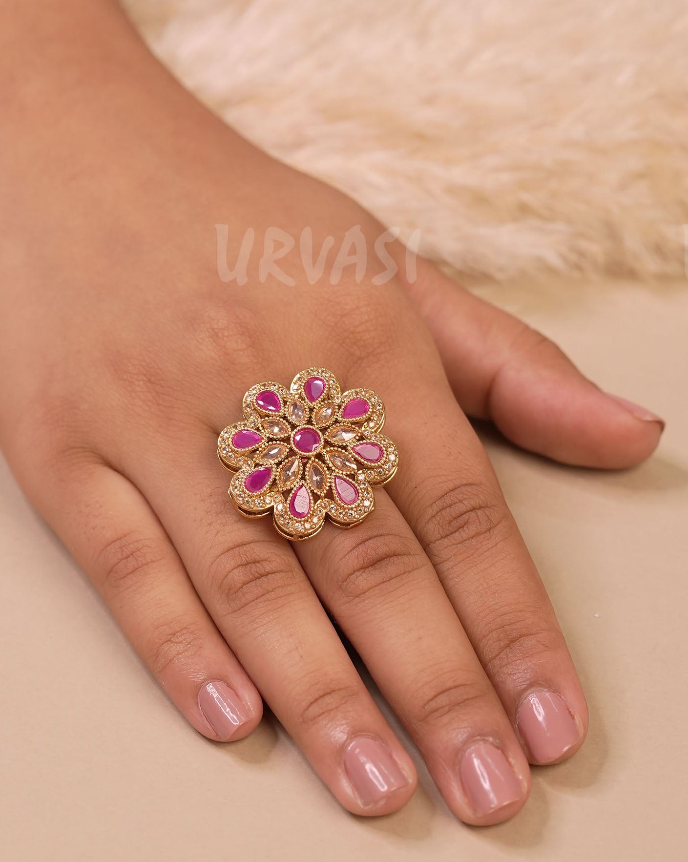 Gold-Toned Polki Teardrop Floral Designed Finger Ring FR 86