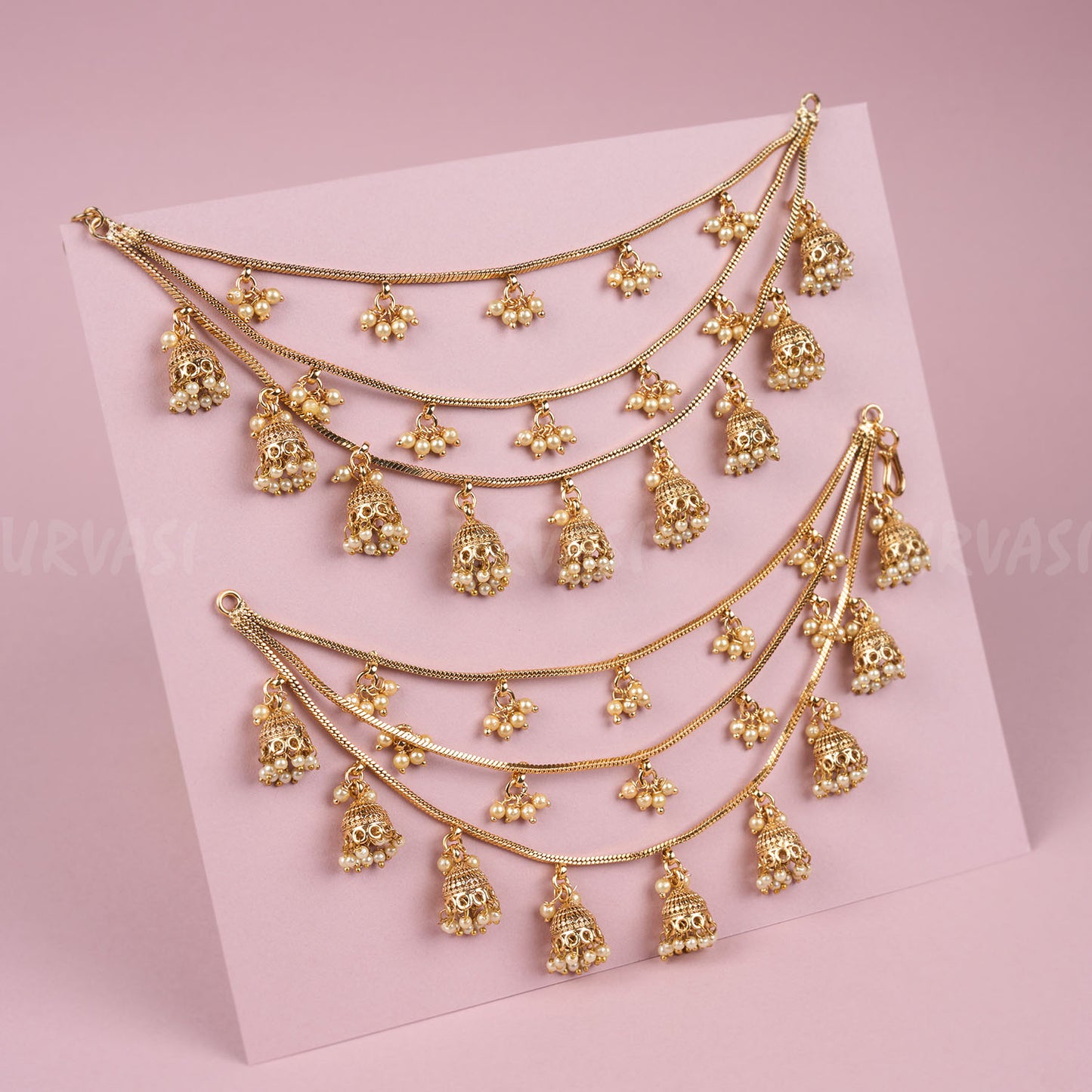 Gold-Toned Pearl Jhumka Designed EarChain EC 17