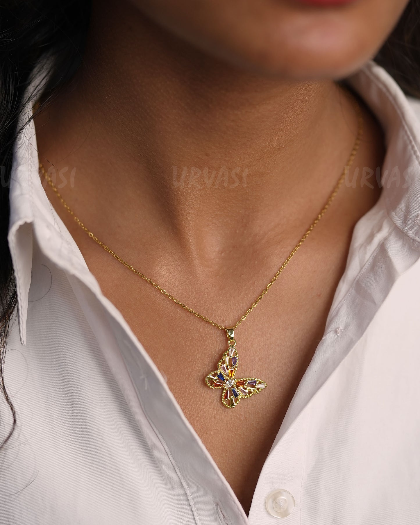 Gold-Toned Butter-Fly Pendant Simple Chain SC 179
