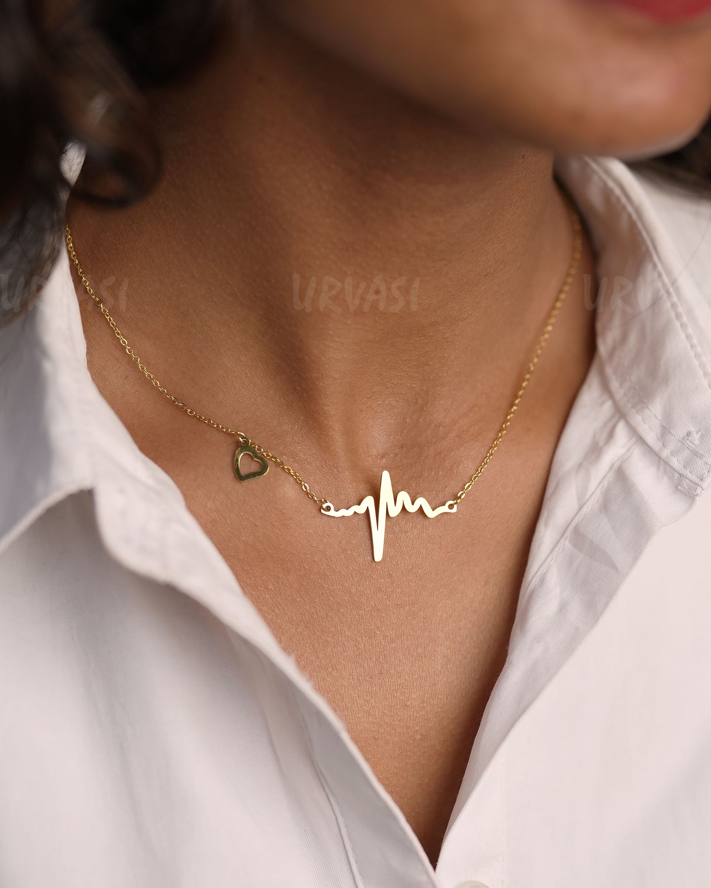 Gold-Toned Stainless-Steel Heart Beat Pendant Simple Chain SC 104