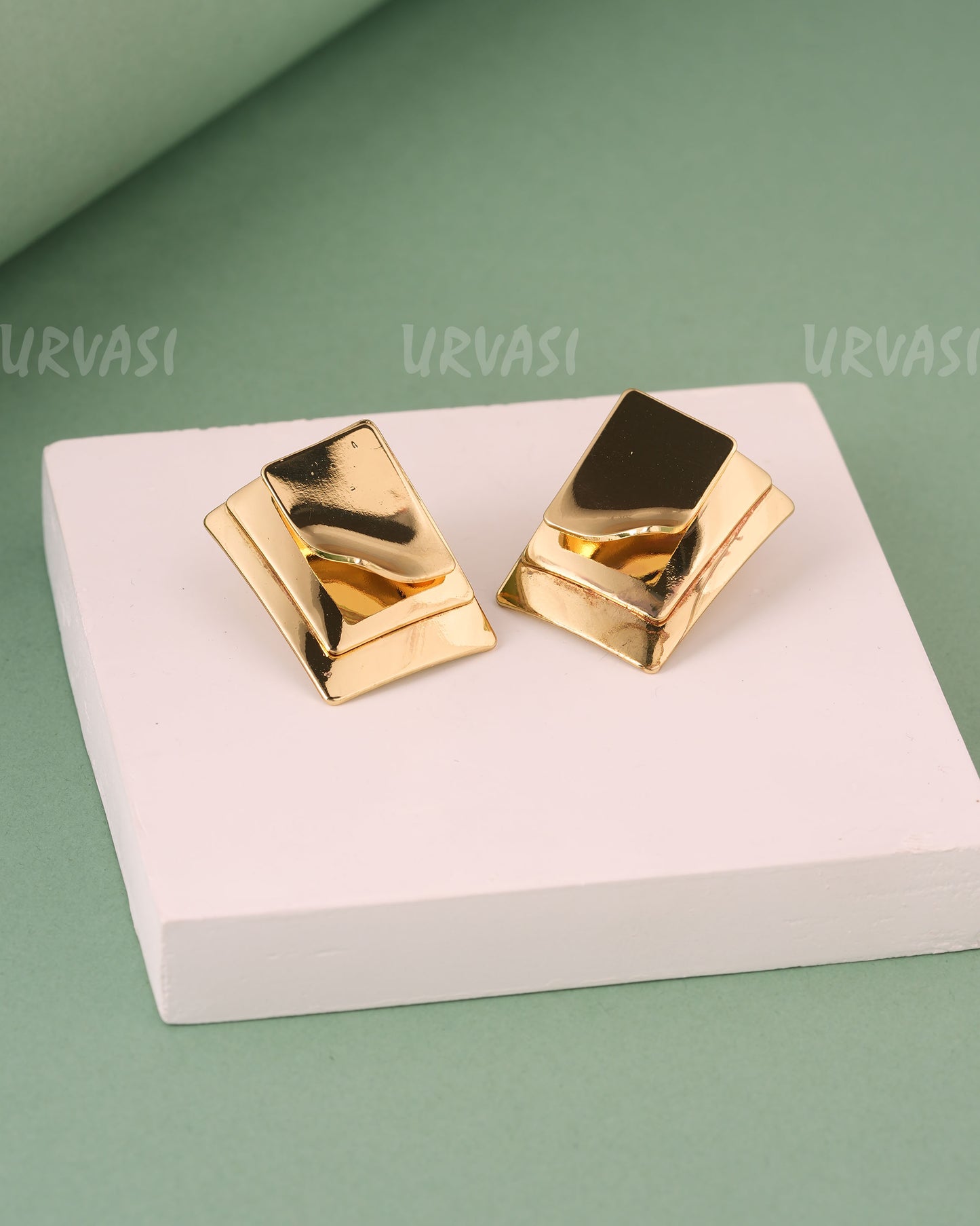 Glossy-Gold Layered Recto Designed Earrings ER 141
