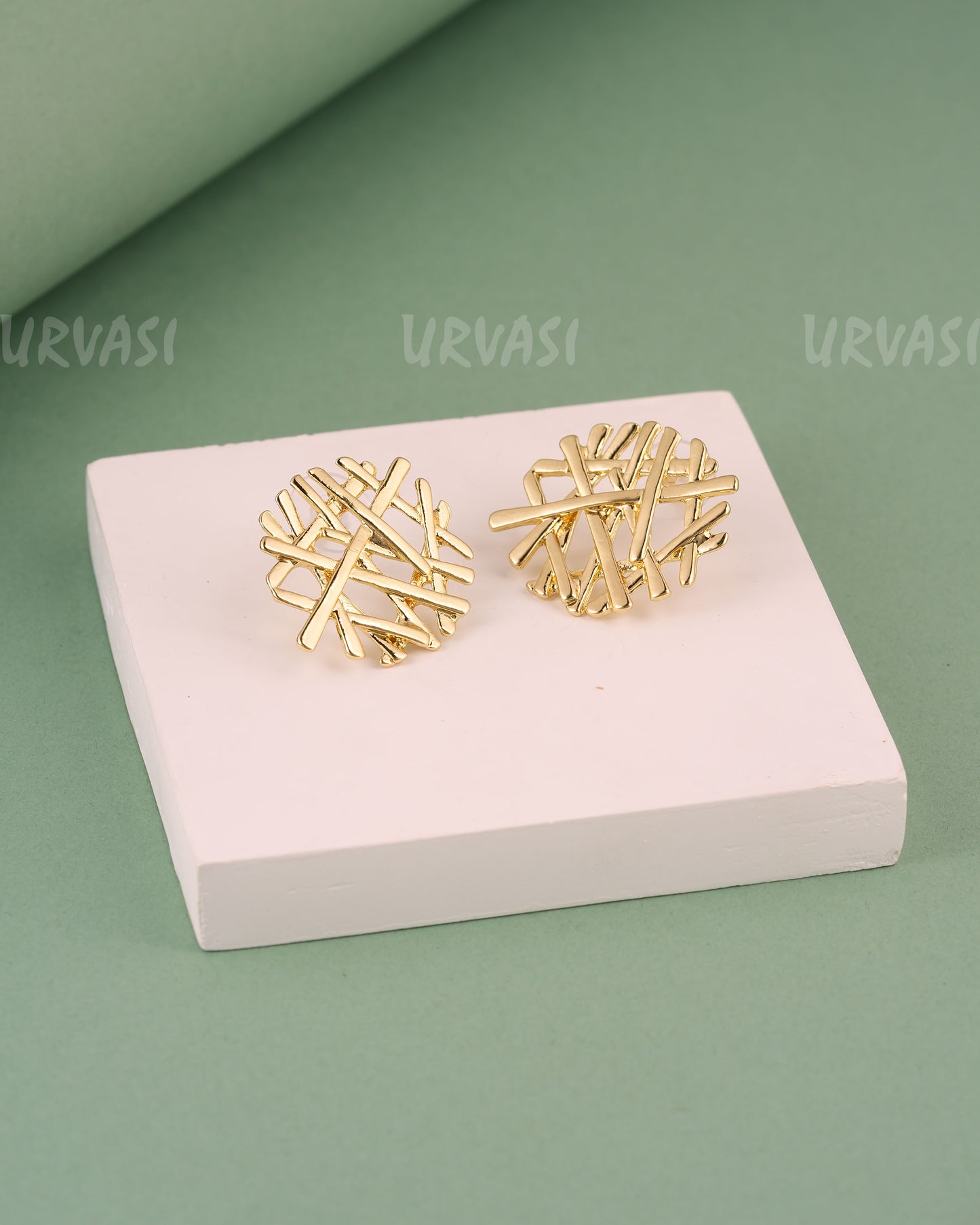 Glossy Gold Woven Stick Stud Earrings ER 136