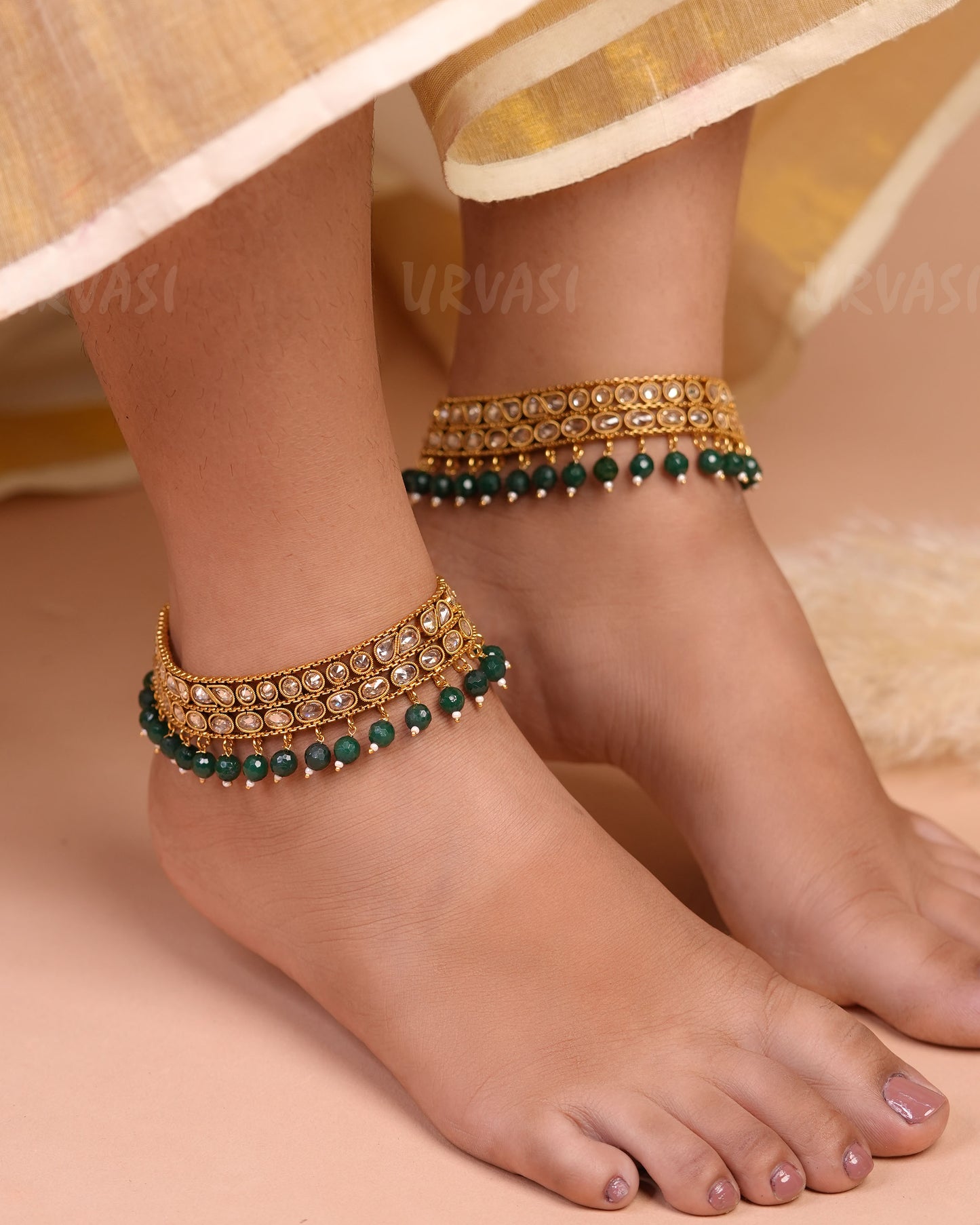 Gold-Toned Kundan Stone Beaded Anklet AK 64