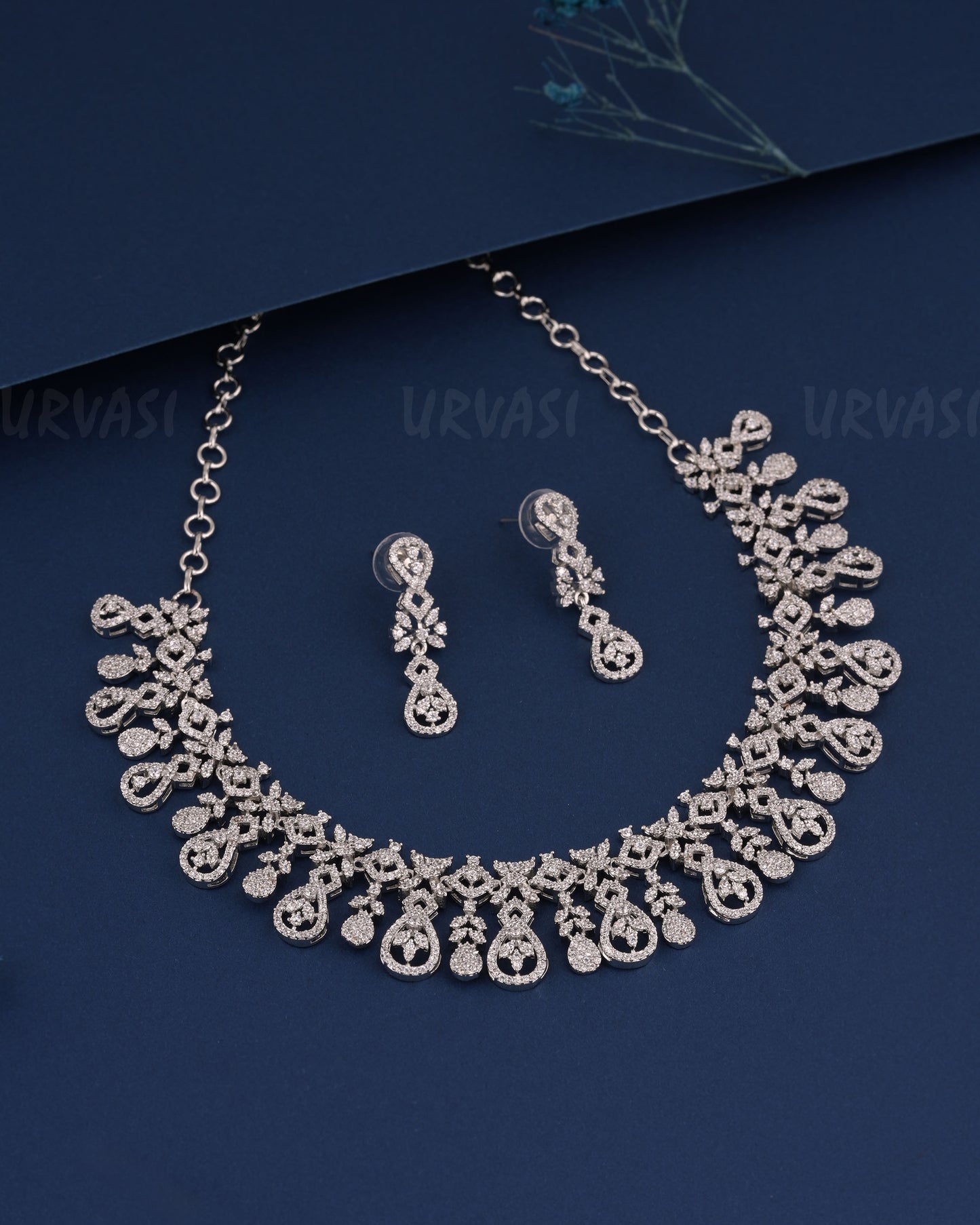 Rhodium Polish Tear-Drop Floral AD Necklace 521