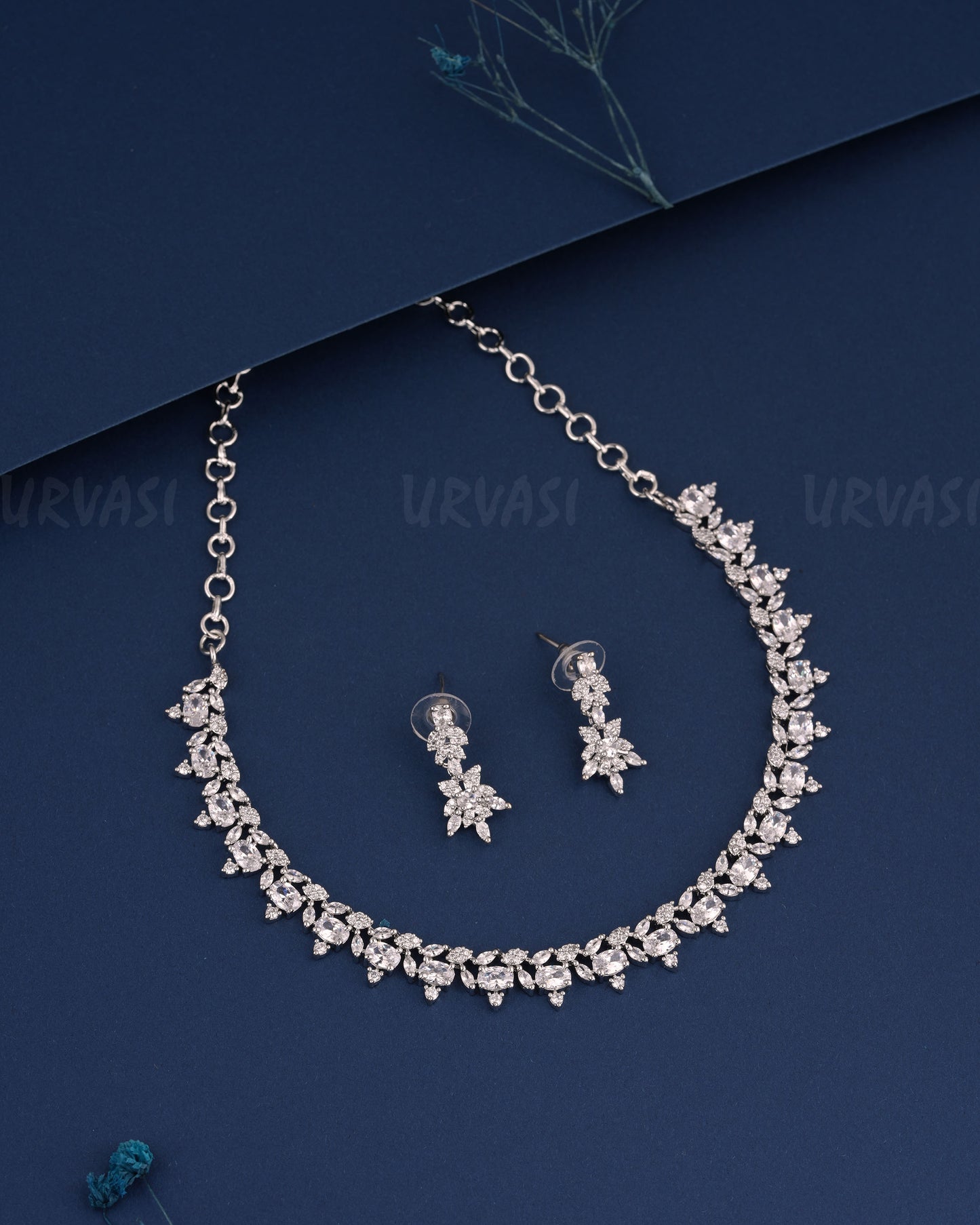 Rhodium Polish Floral Motif AD Necklace 972
