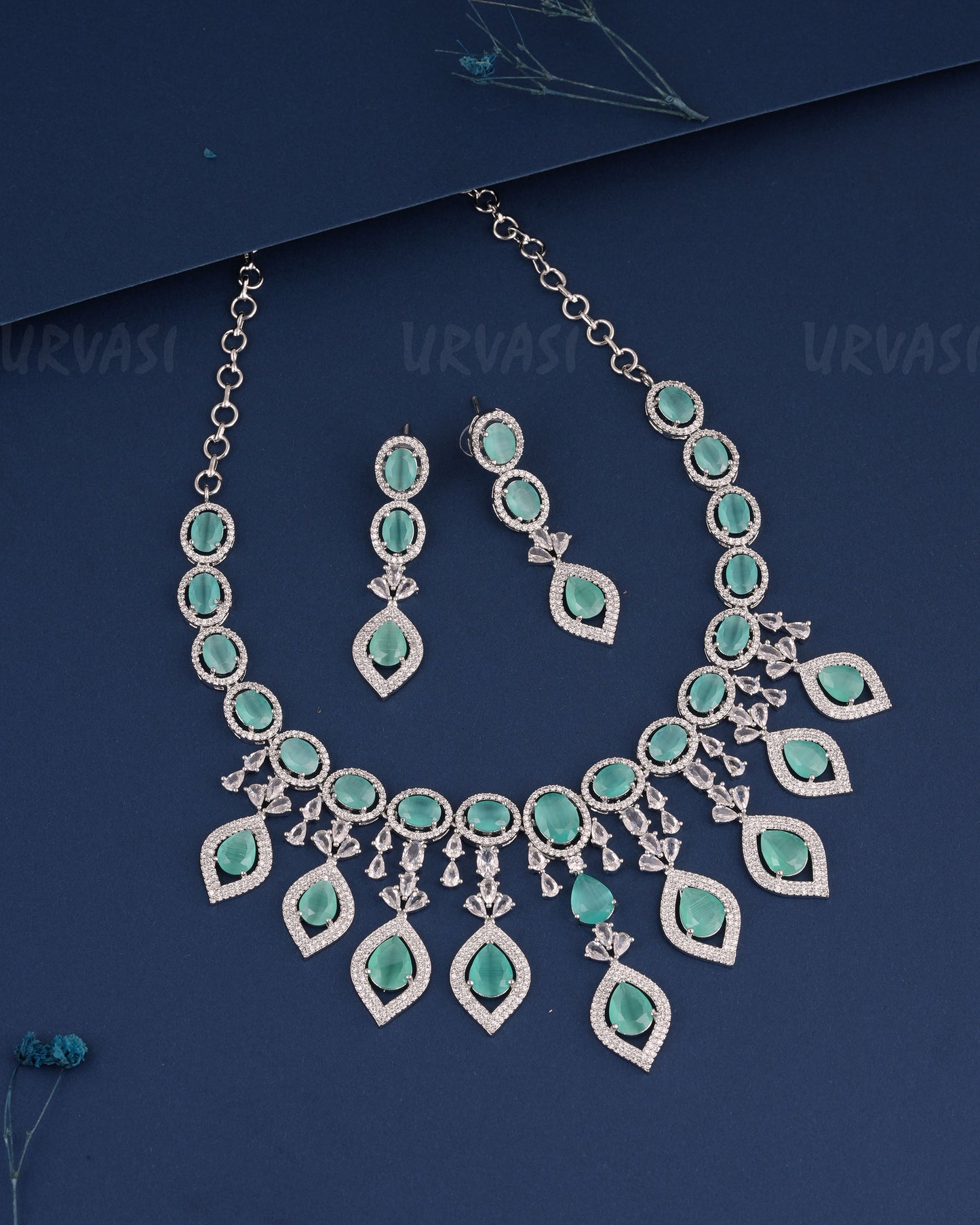 Rhodium Polish Leaf-Designed Hanging AD Necklace 1494