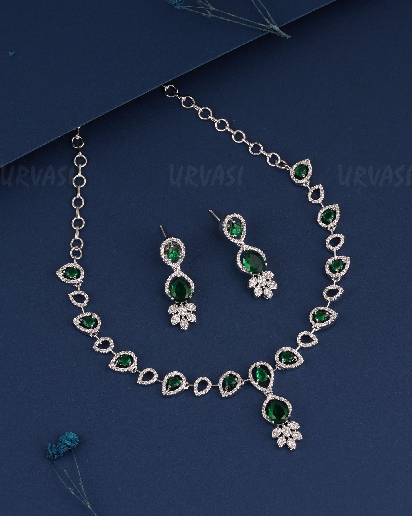 Rhodium Polish Floral Tear-Drop Pendant Necklace 1515