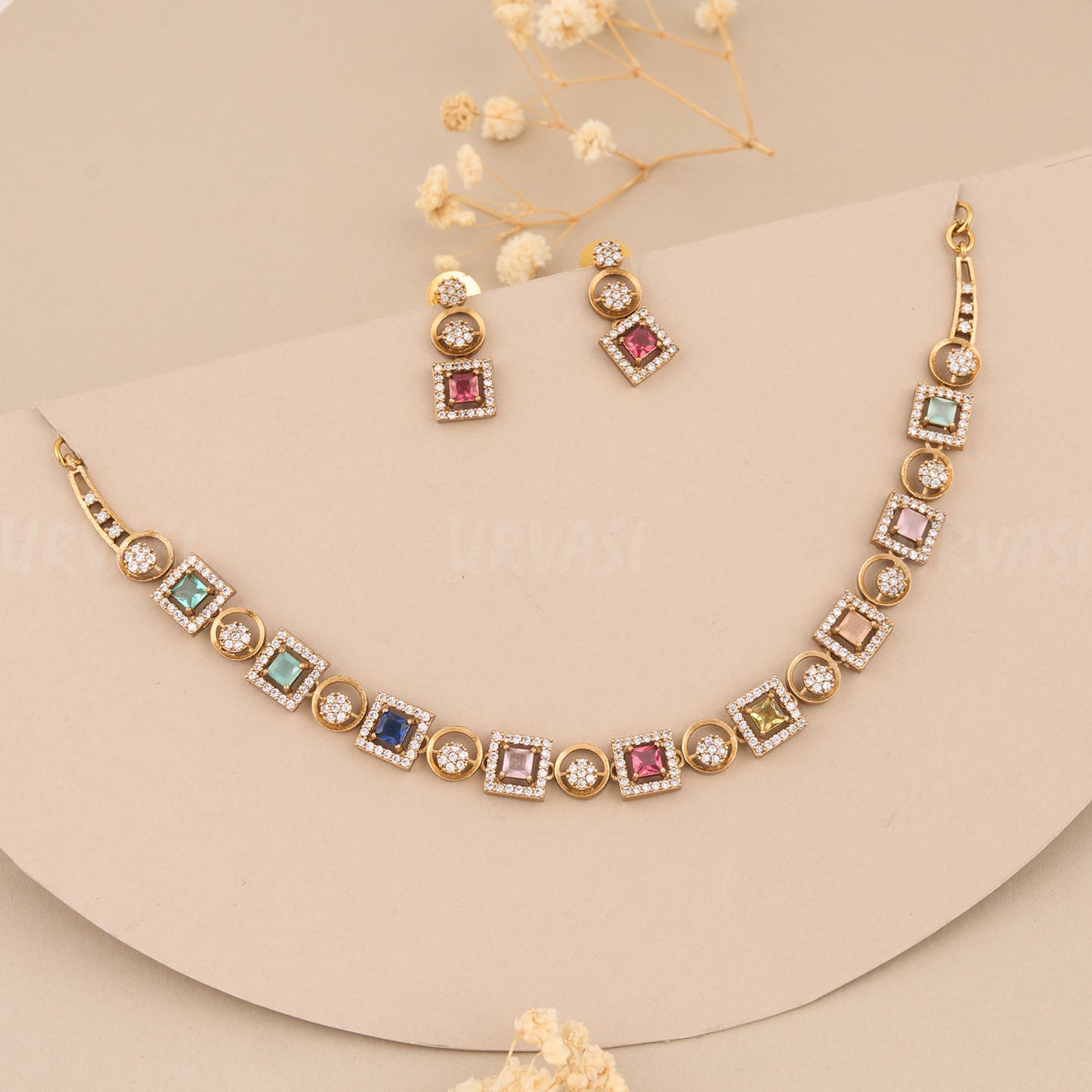Mehandi Shade AD stone Necklace 390