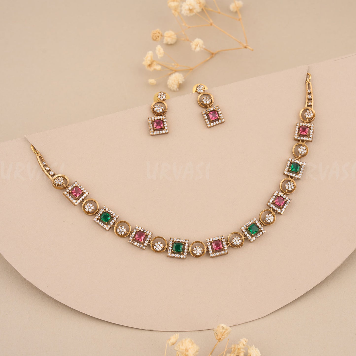 Mehandi Shade AD stone Necklace 390