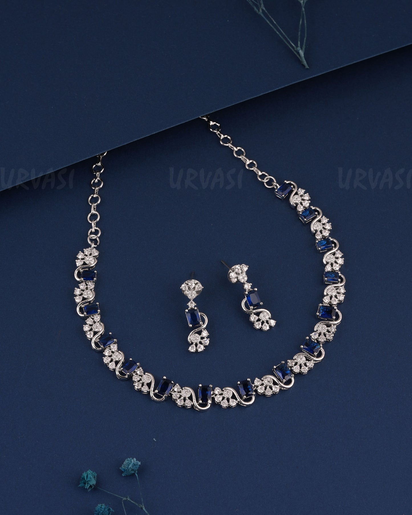Rhodium Polish Floral AD Stone-Studded Necklace 1522