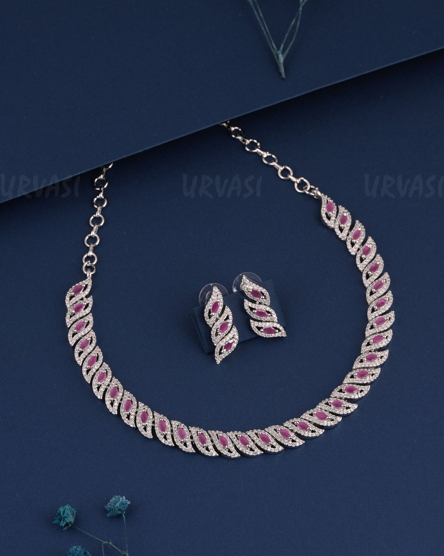 Rhodium Polish Leaf-Designed AD Necklace 1527
