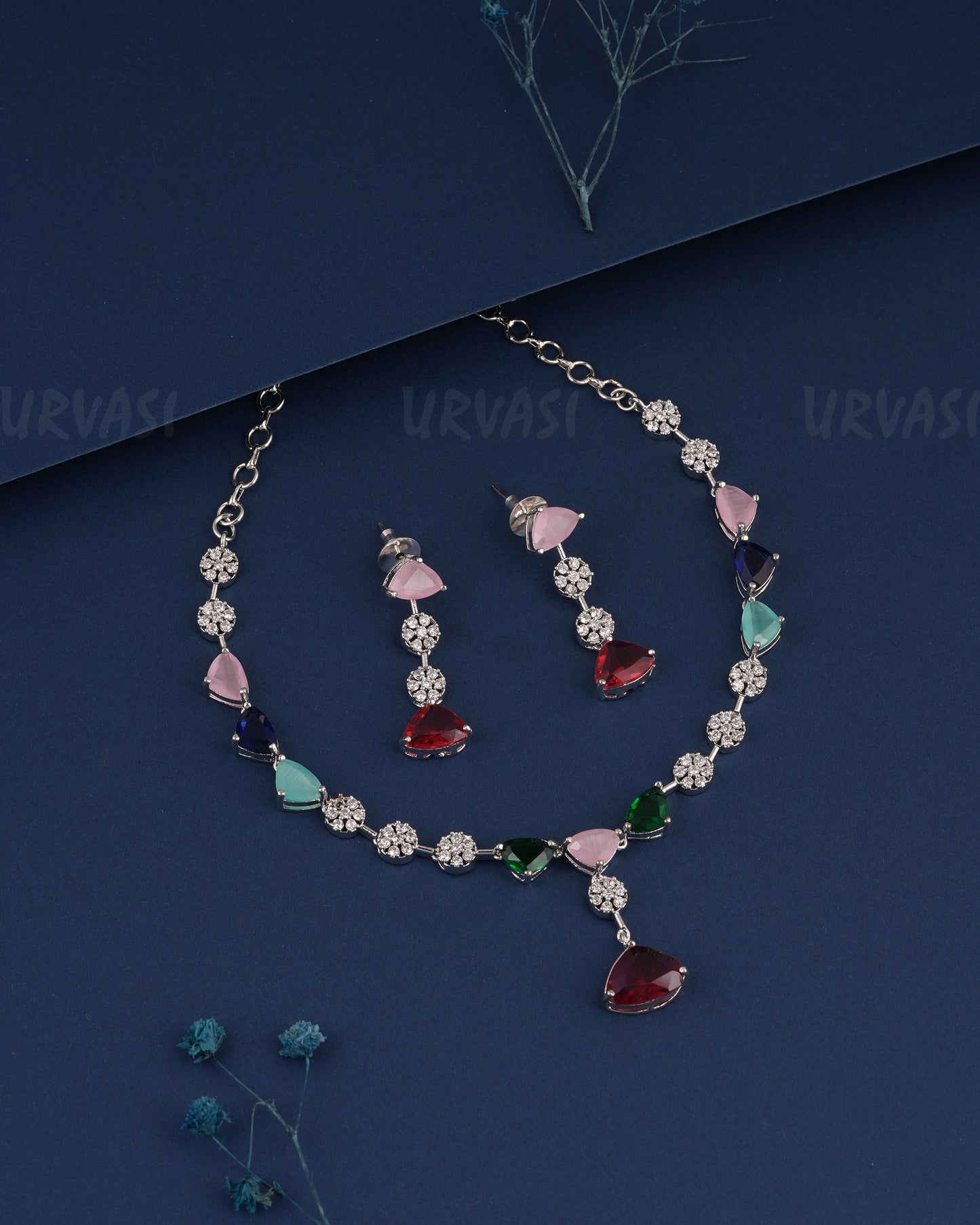 Rhodium Polish Tear-Drop Designed Floral Necklace 1528