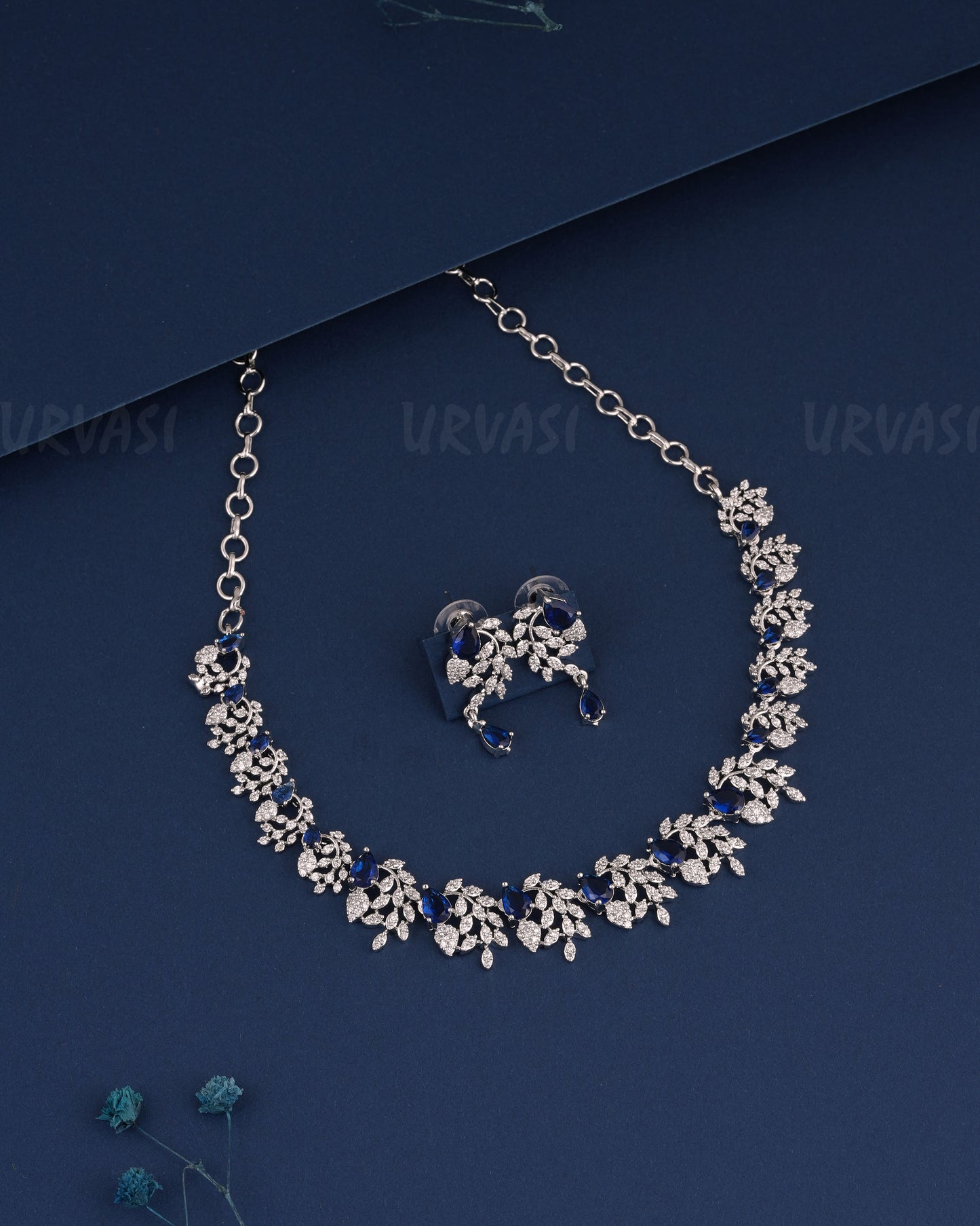 Rhodium Polish Tear-Drop Designed Floral AD Necklace 1523