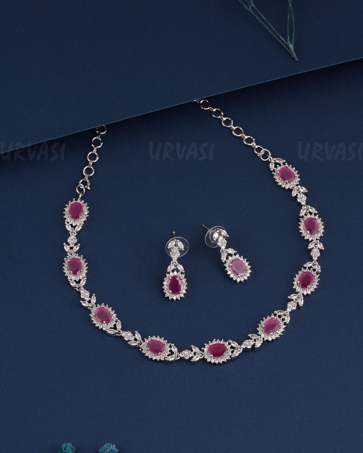 Rhodium Polish Leaf-Designed Floral AD Necklace 1526
