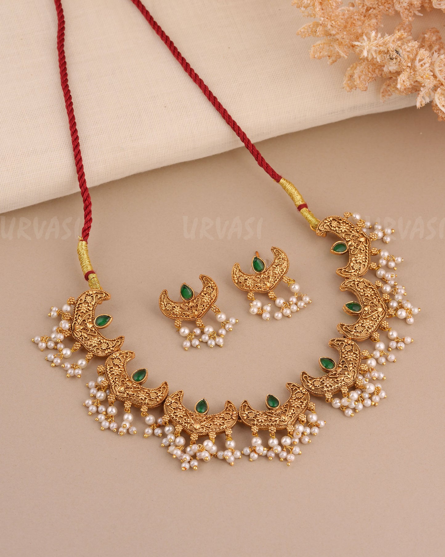 Gold-Toned Chaandbhali Designed Pearl Necklace 1547