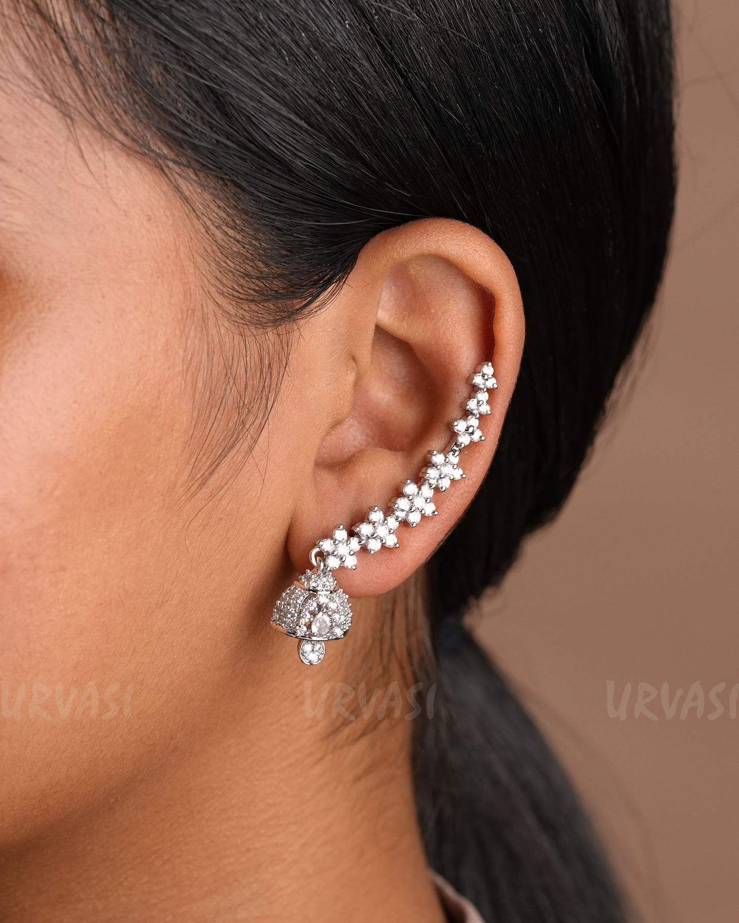 Floral Stone-Studded Jhumka Hanging Ear-Cuff Earrings ER 919