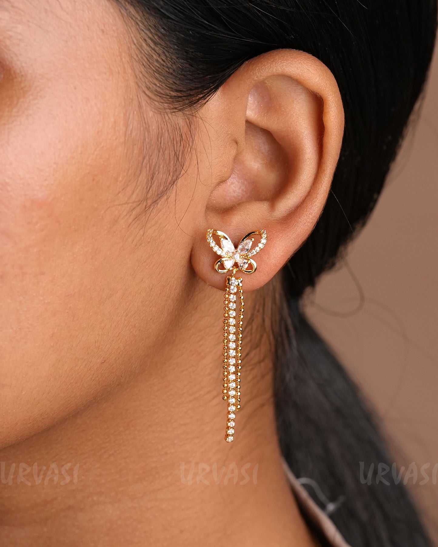 Gold-Toned Butter-fly Designed AD Hanging Earrings ER 407
