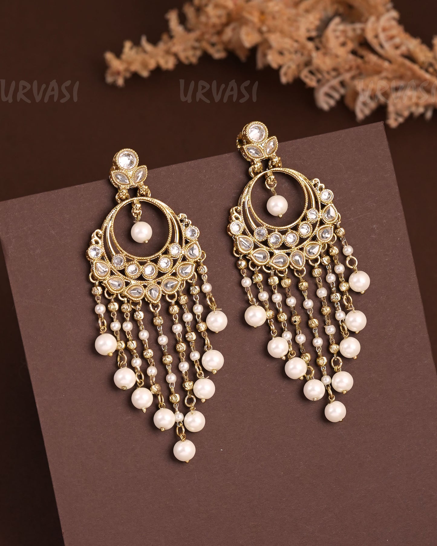 Mehendi Polish Chandbali Designed Reverse AD Pearl Hanging Earrings ER 943