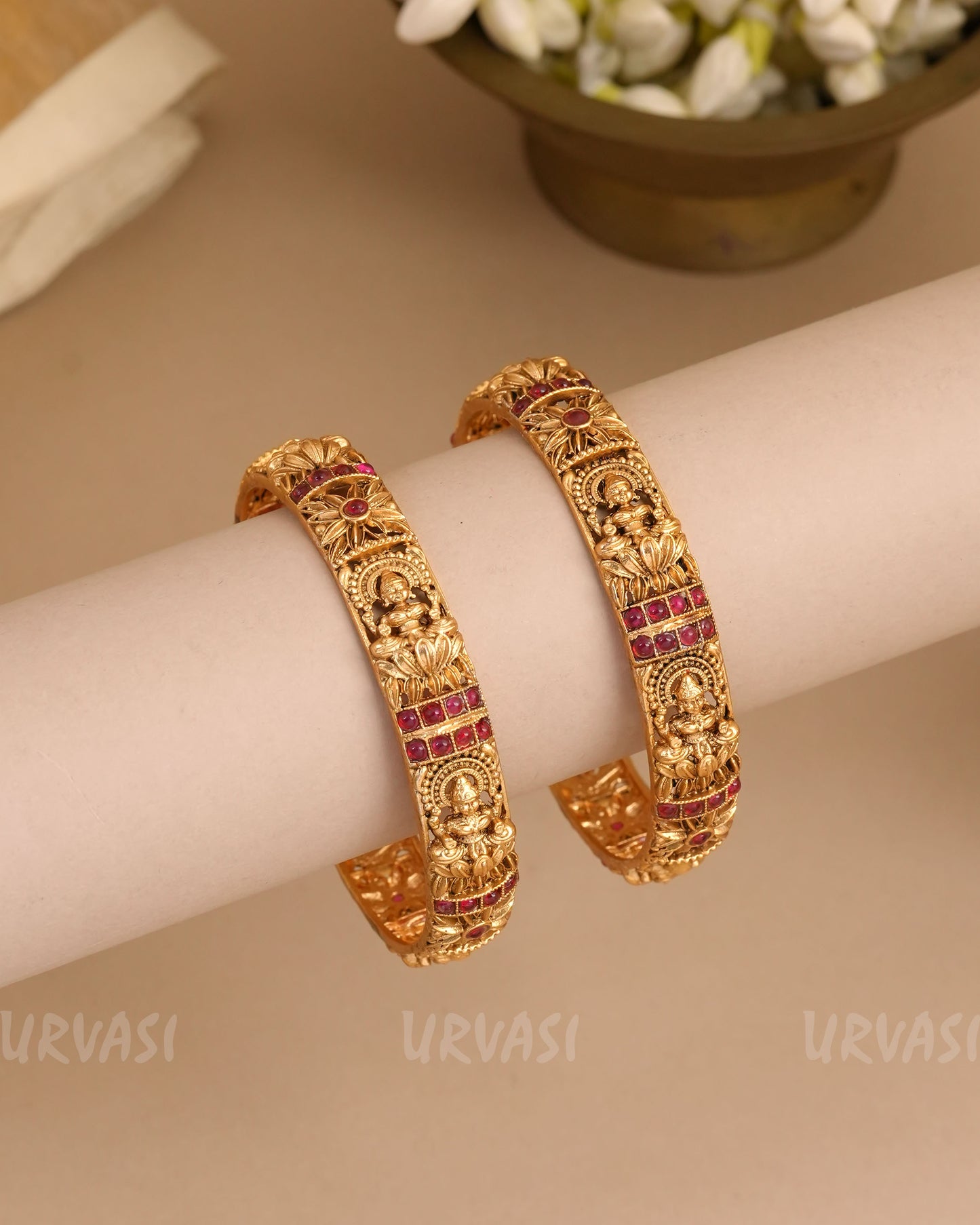 Gold-Polish Floral Lakshmi Bangles (Set of 2)BA 447