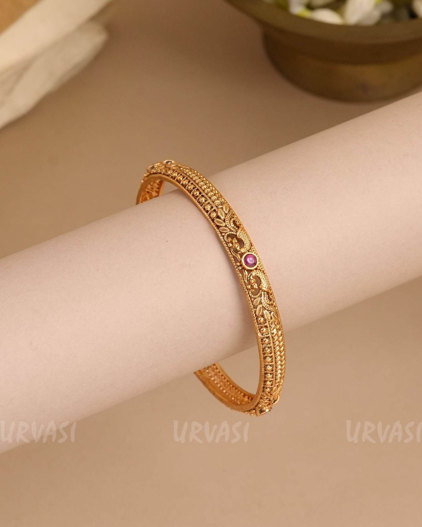 Gold-Toned Peacock Motif Stone-Studded Bangles BA 452