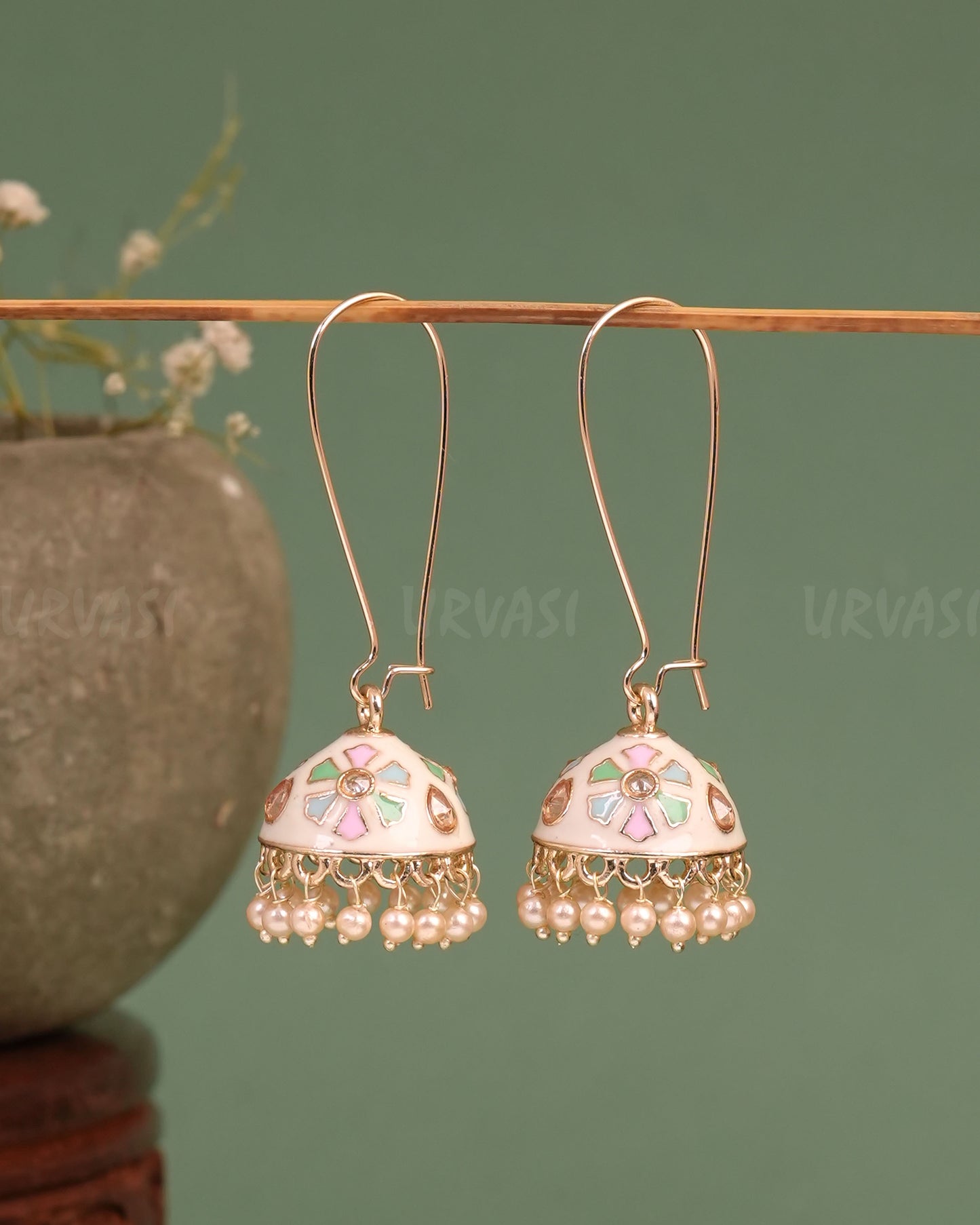 Gold-Toned Meenakari Hanging Jhumka Earrings ER 645