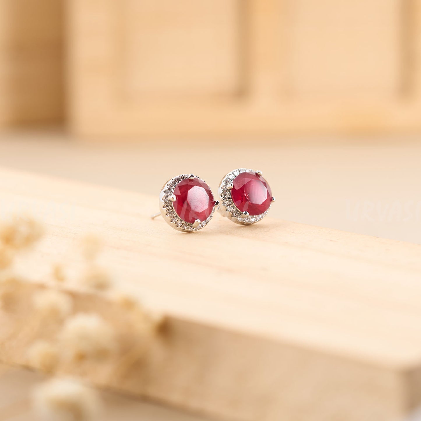 Rhodium Polish Ruby AD Earrings ER 209