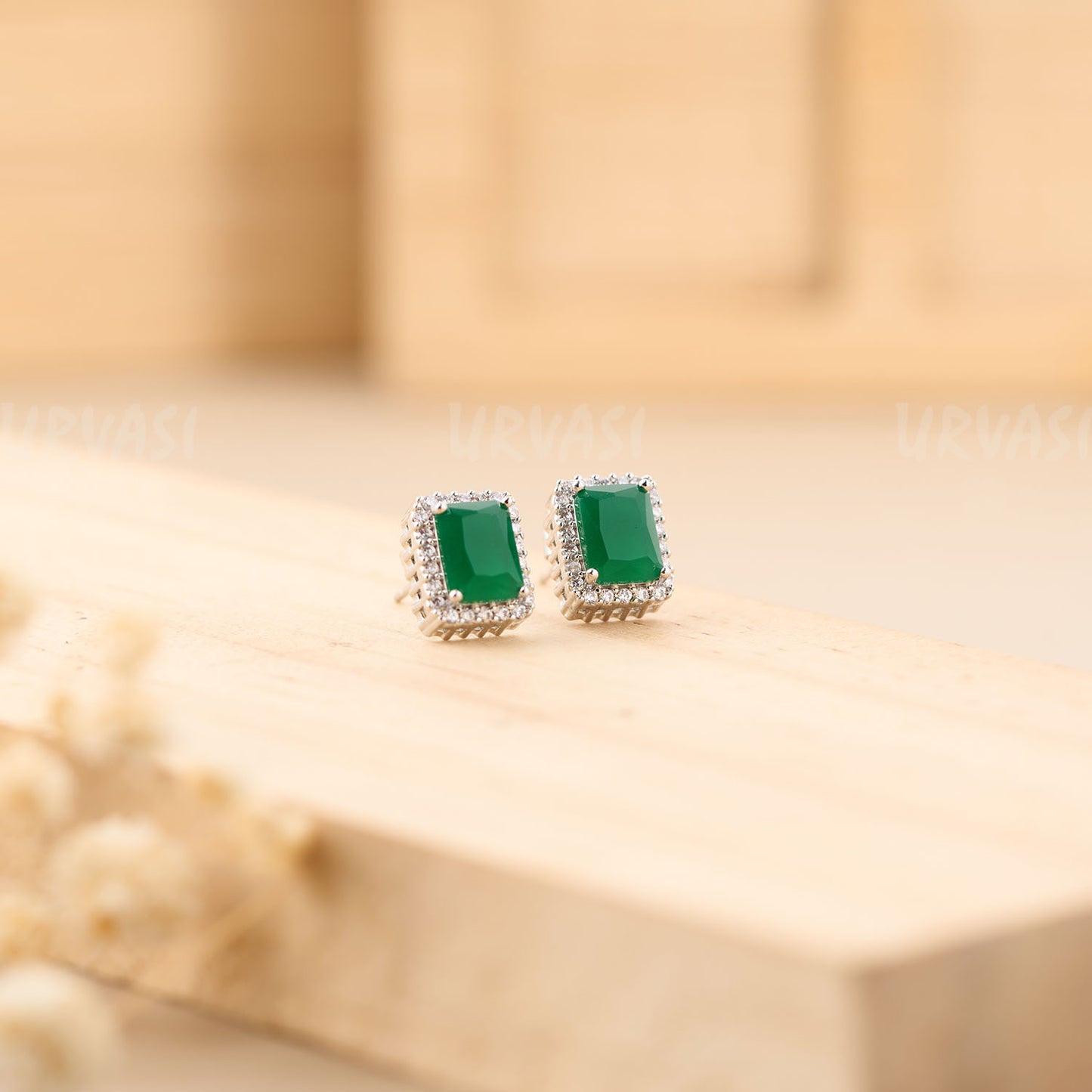 Rhodium Polish Emerald AD Earrings ER 215