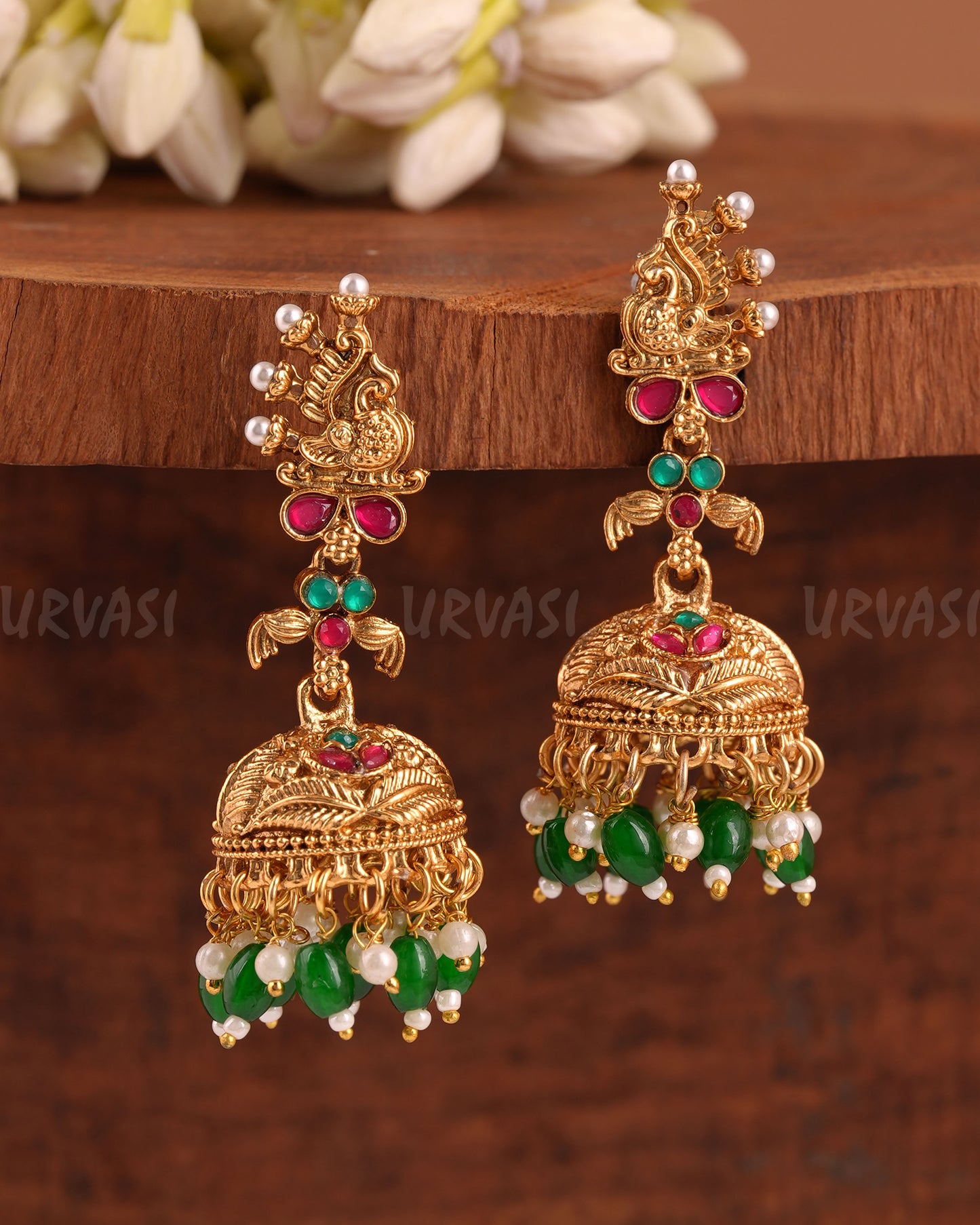 Gold-Toned Peacock Motif Stone Earrings ER 990