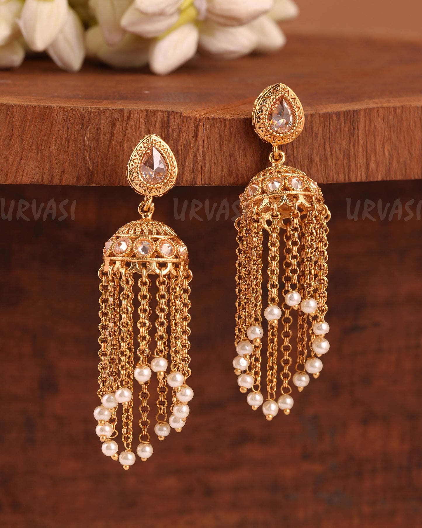 Gold-Toned Tear-Drop Chain Tassels Jhumka Earrings ER 949
