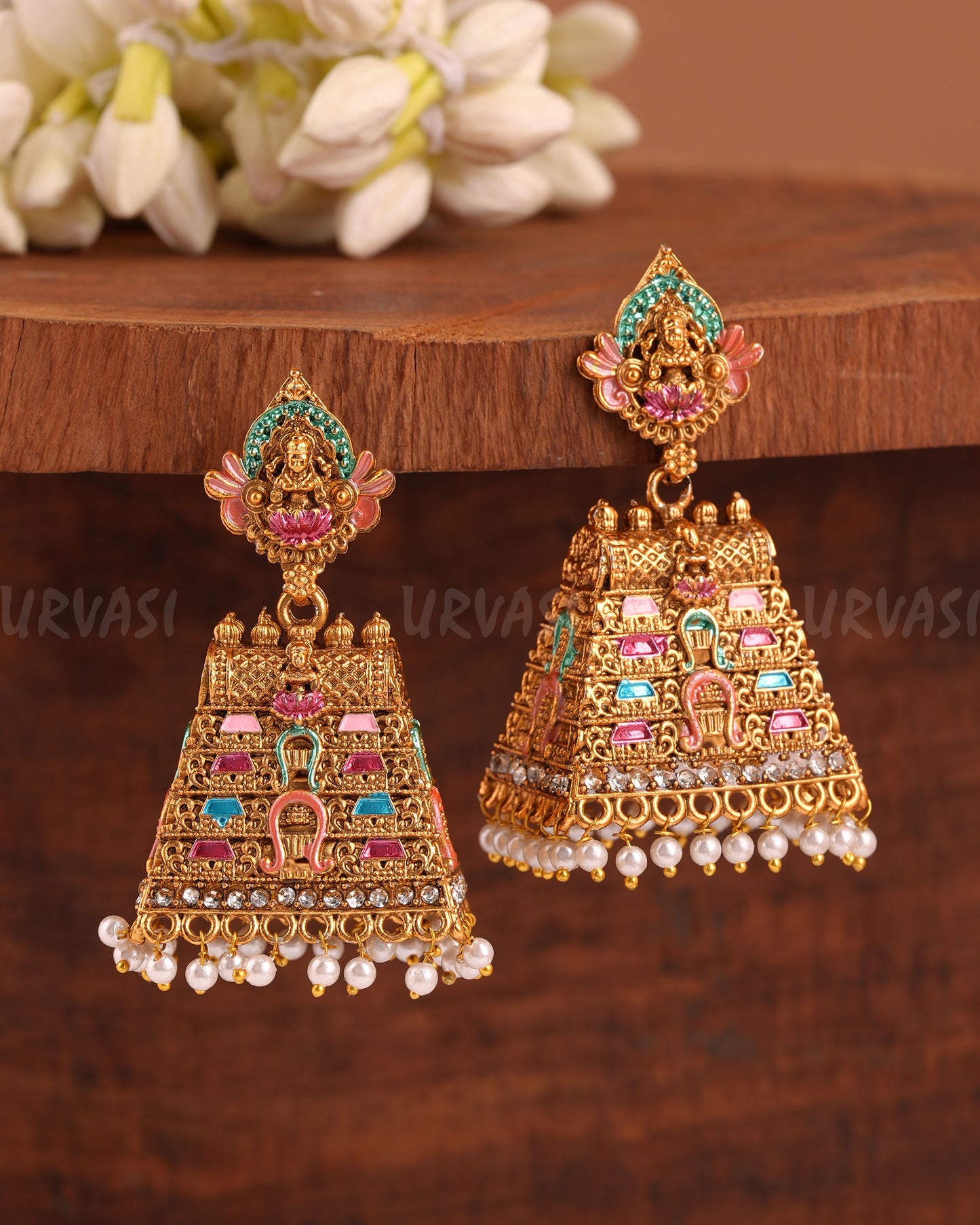 Gold-Toned Gopuram Replica Lakshmi Earrings ER 953