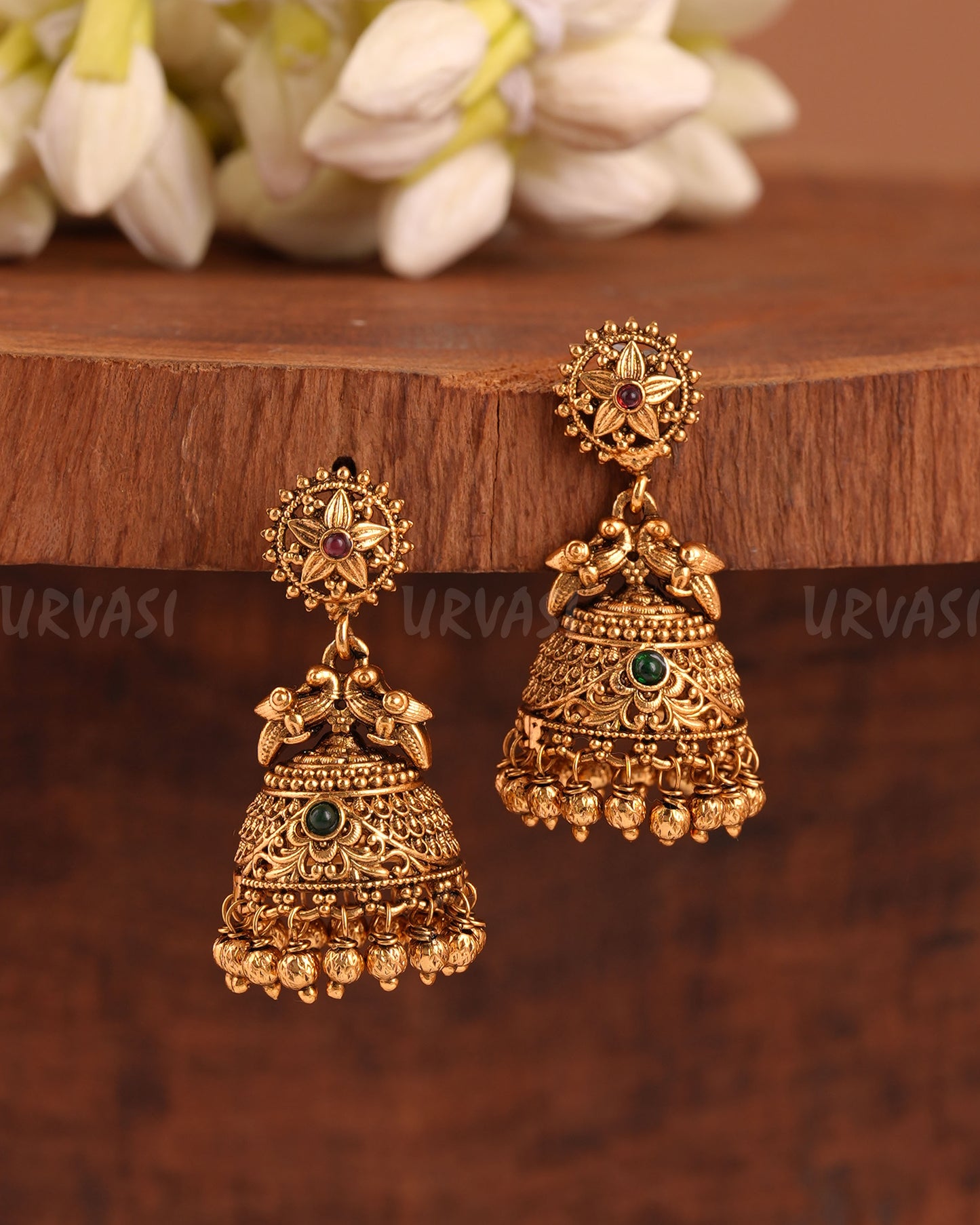 Gold-Toned Floral Stone-Studded Jhumka Earrings ER 996