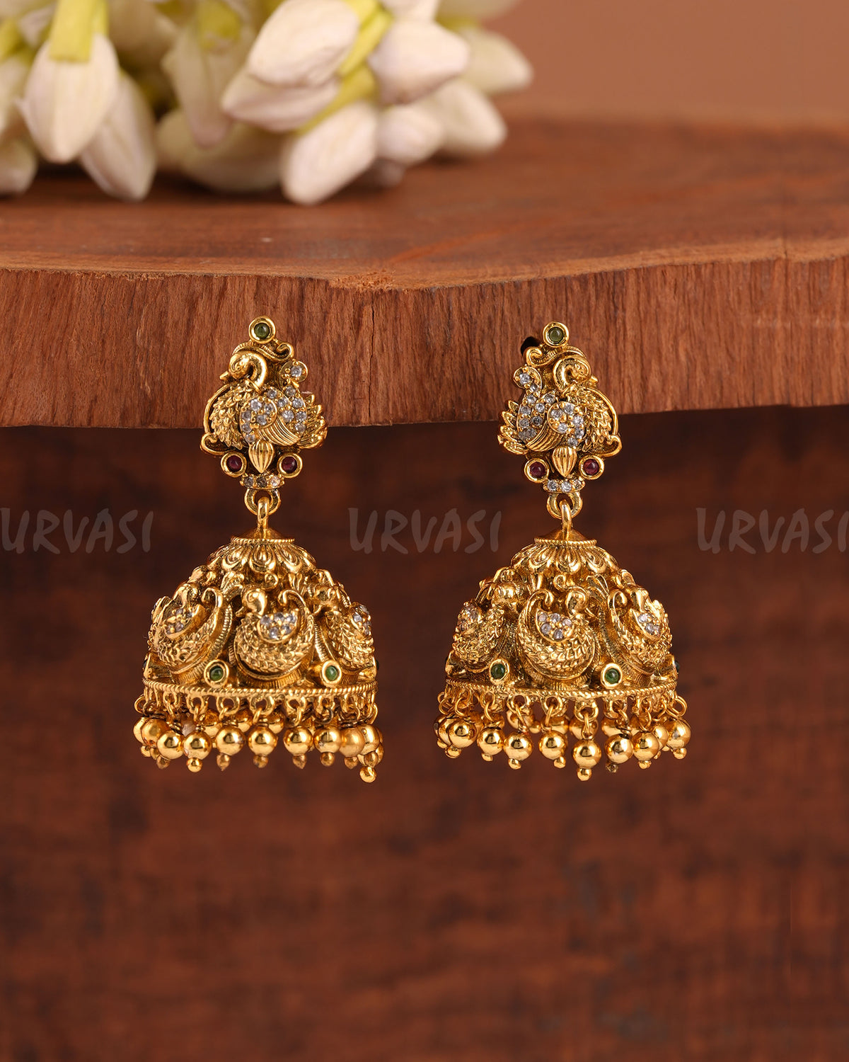 Gold-Toned Peacock Motif AD Jhumka Earrings ER 955