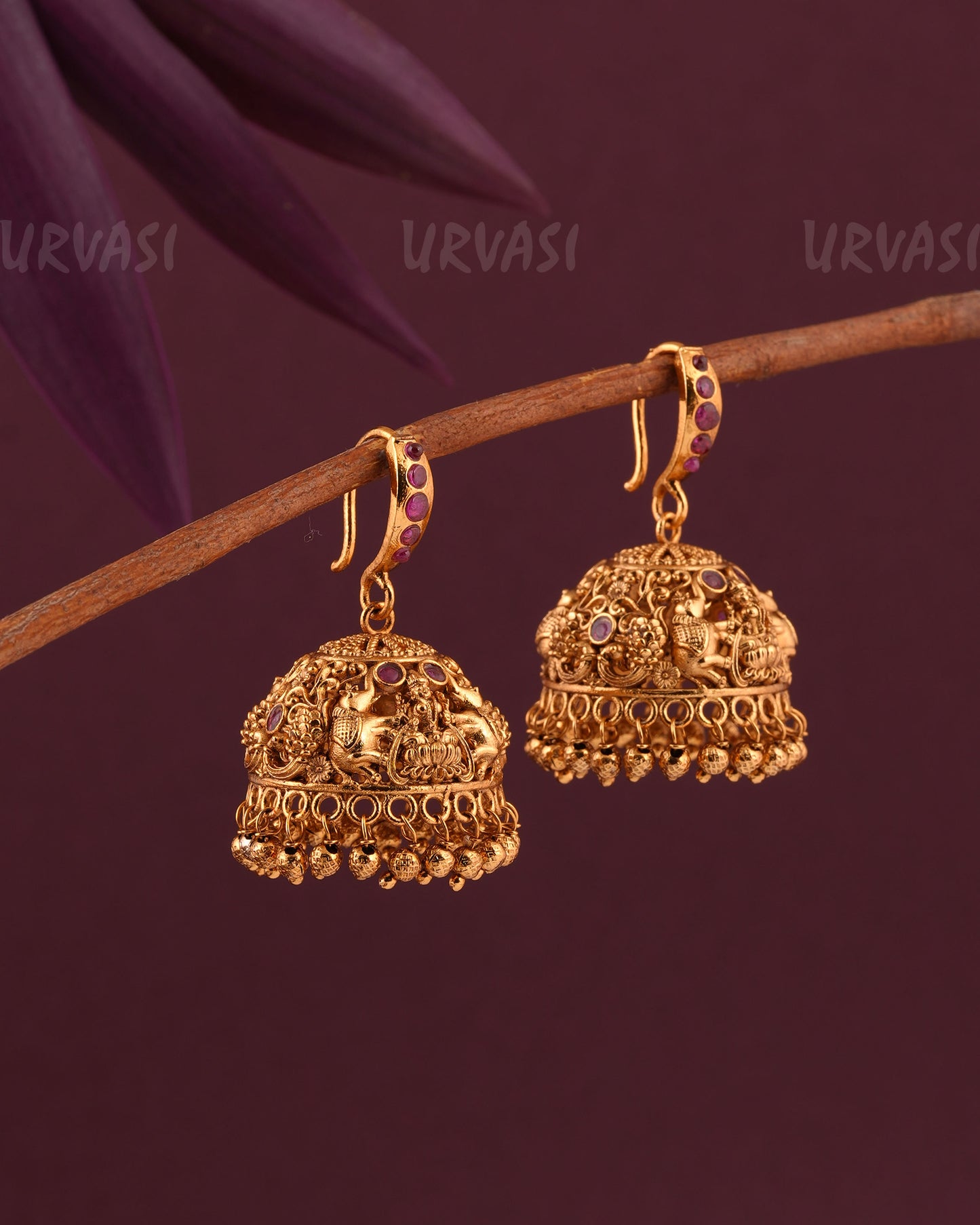 Gold-Toned Elephant Motif Peacock Lakshmi Hanging Jhumka Earrings ER 974