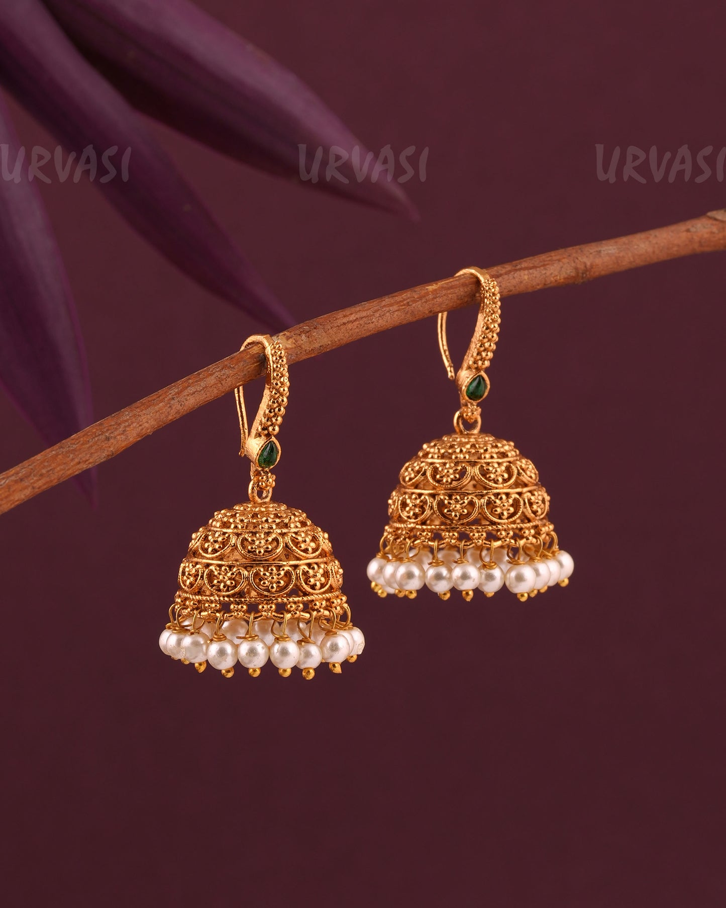 Gold-Toned Floral Pearl Hanging Jhumka Earrings ER 972