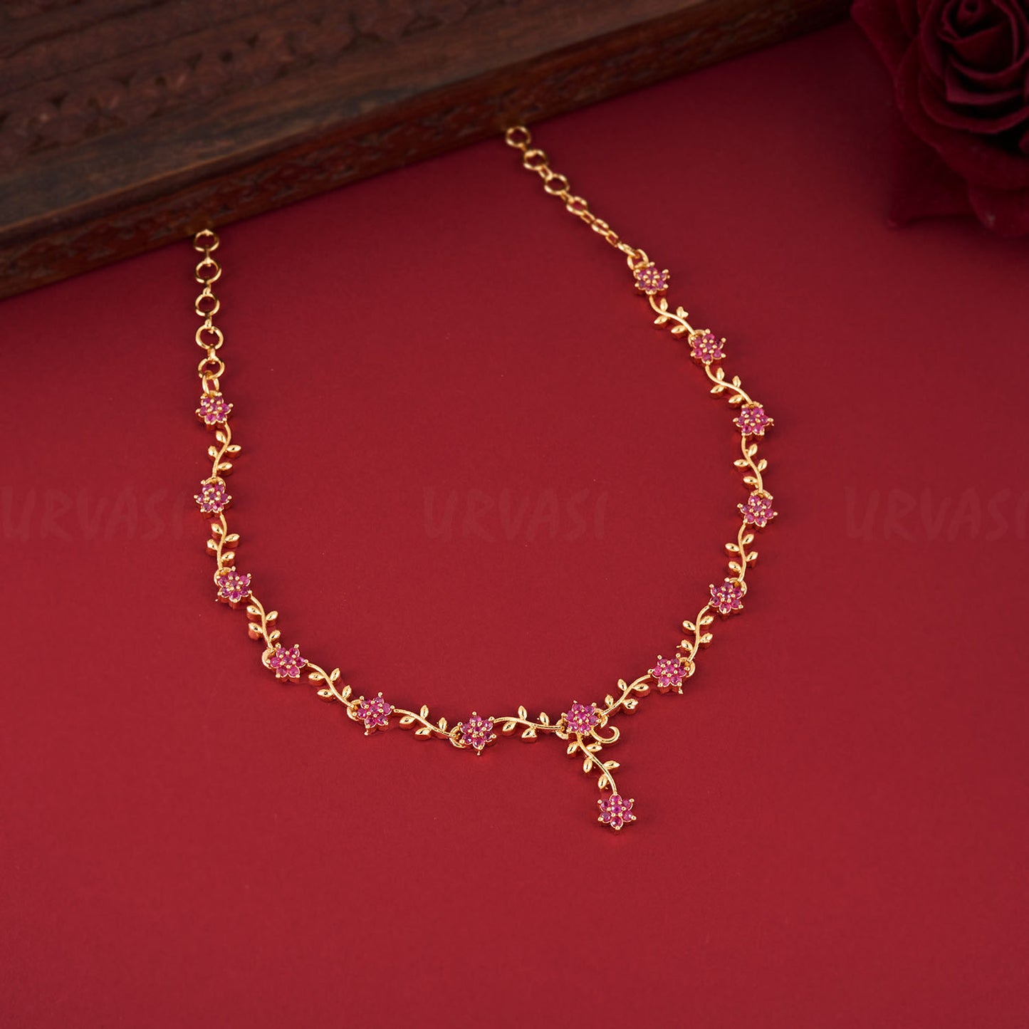 Gold polish Floral AD Stone Necklace 447