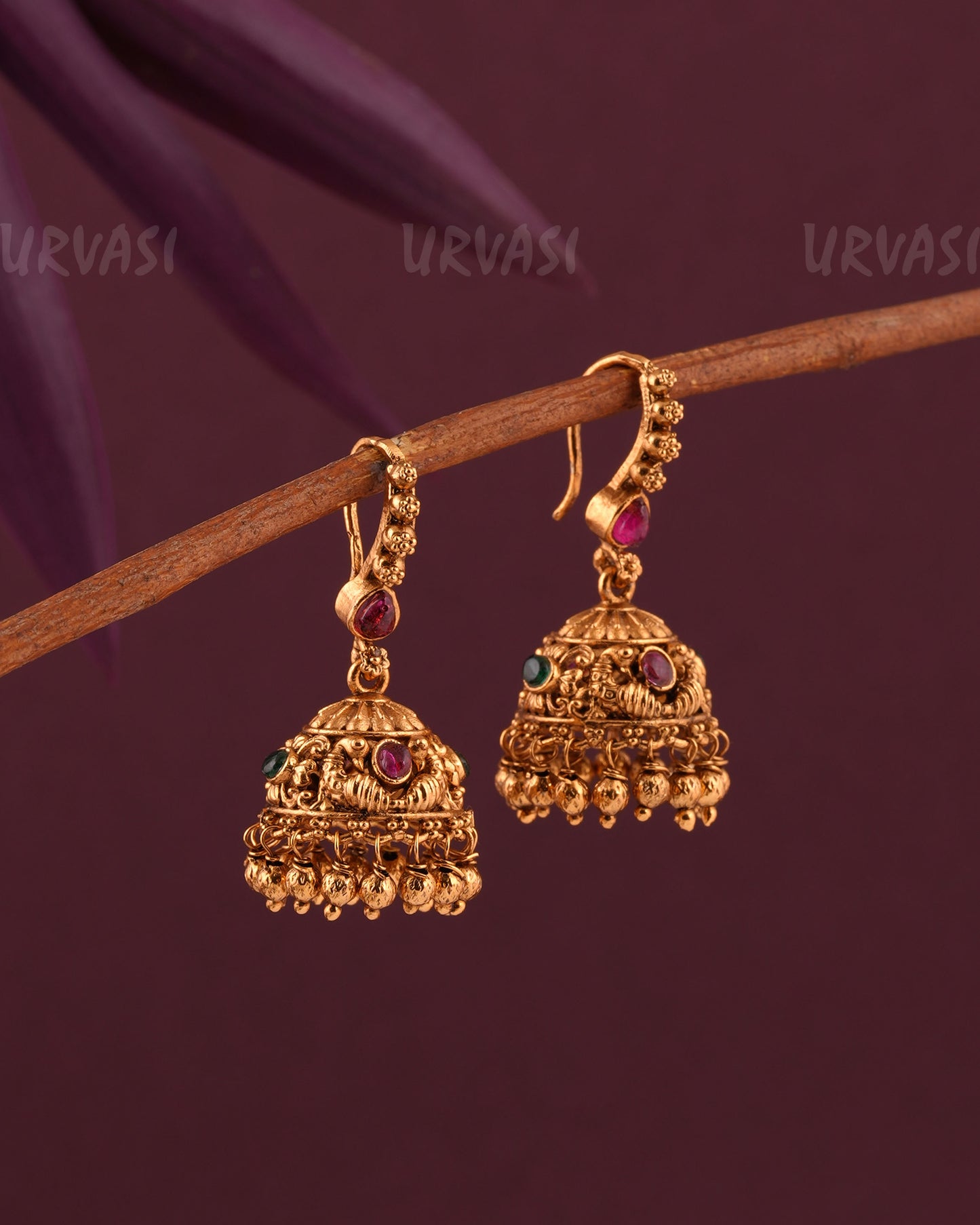Gold-Toned Peacock Motif Hanging Jhumka Earrings ER 965