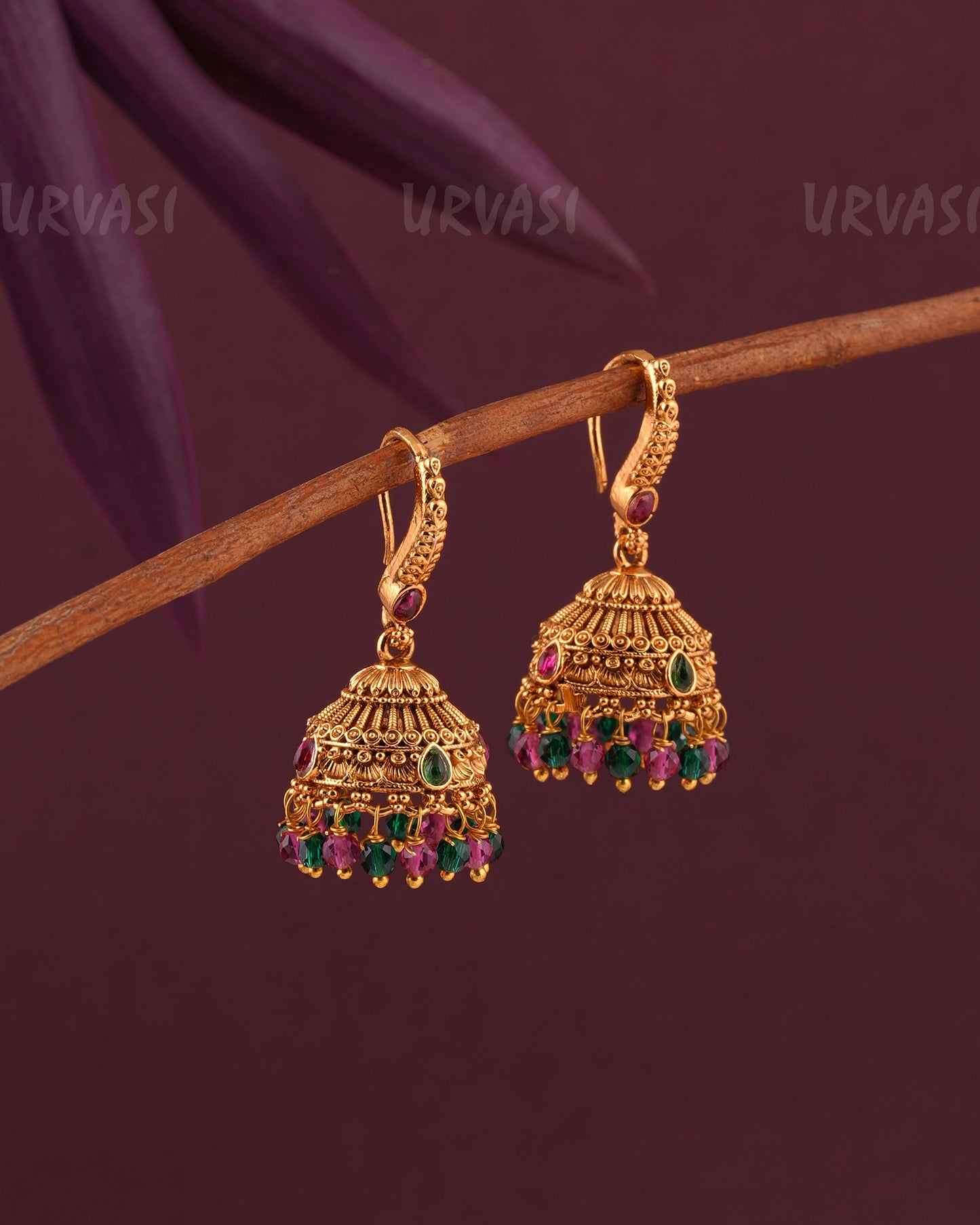 Gold-Polish Tear-Drop Floral Hanging Jhumka Earrings ER 963
