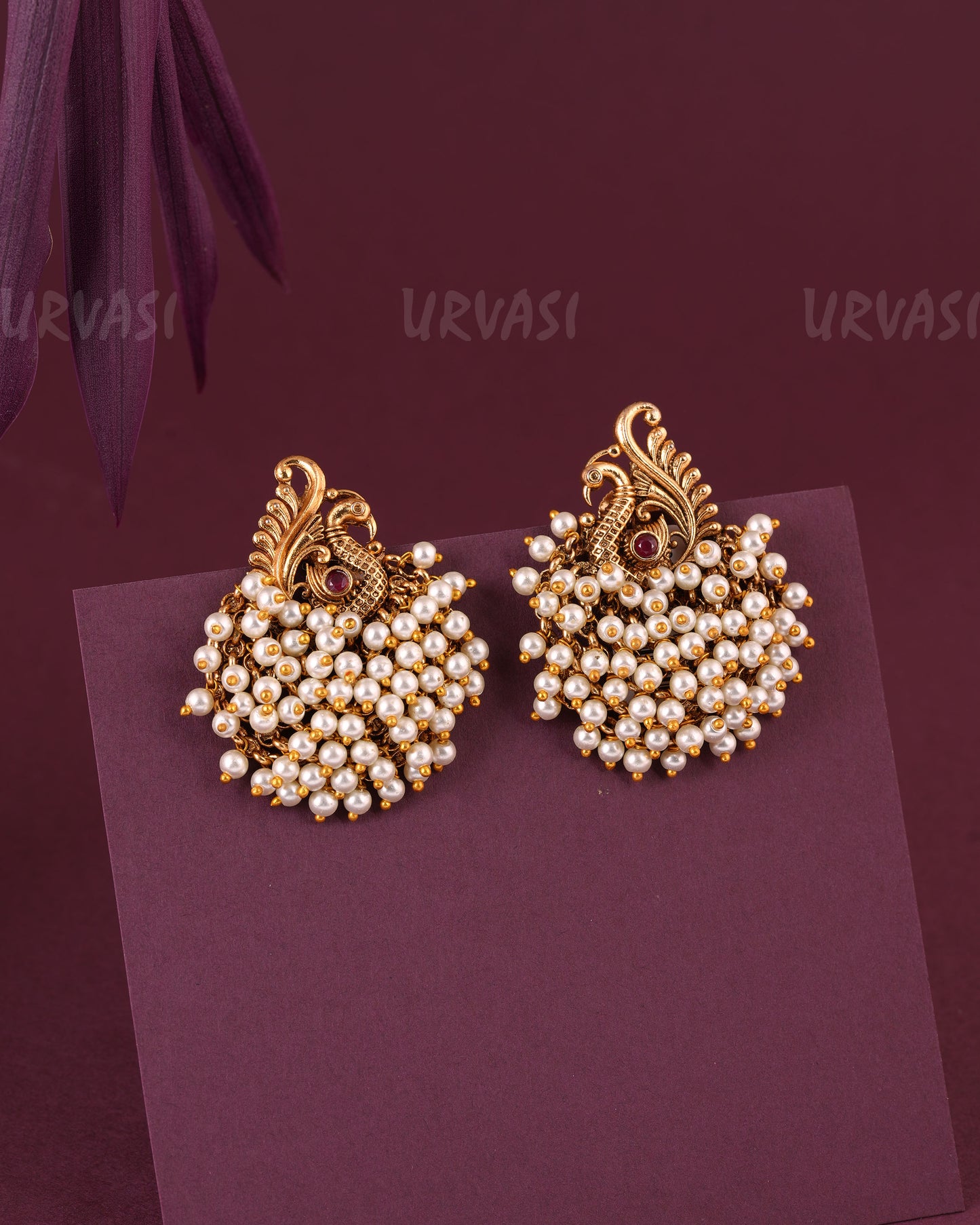 Gold-Toned Peacock Motif Pearl Stud Earrings ER 983