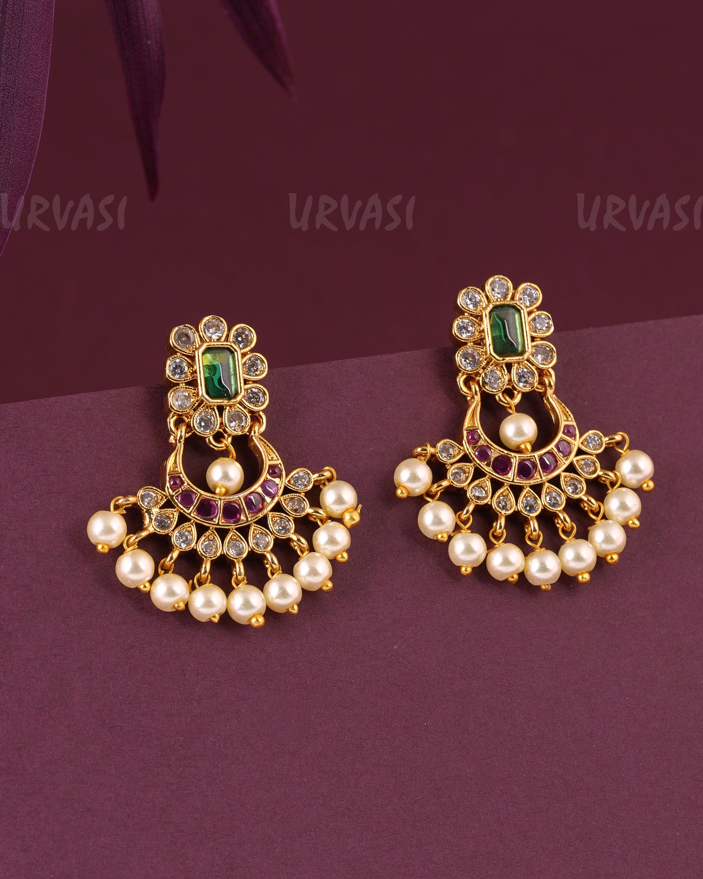 Gold-Toned Floral Stone-Studded Pearl Earrings ER 979
