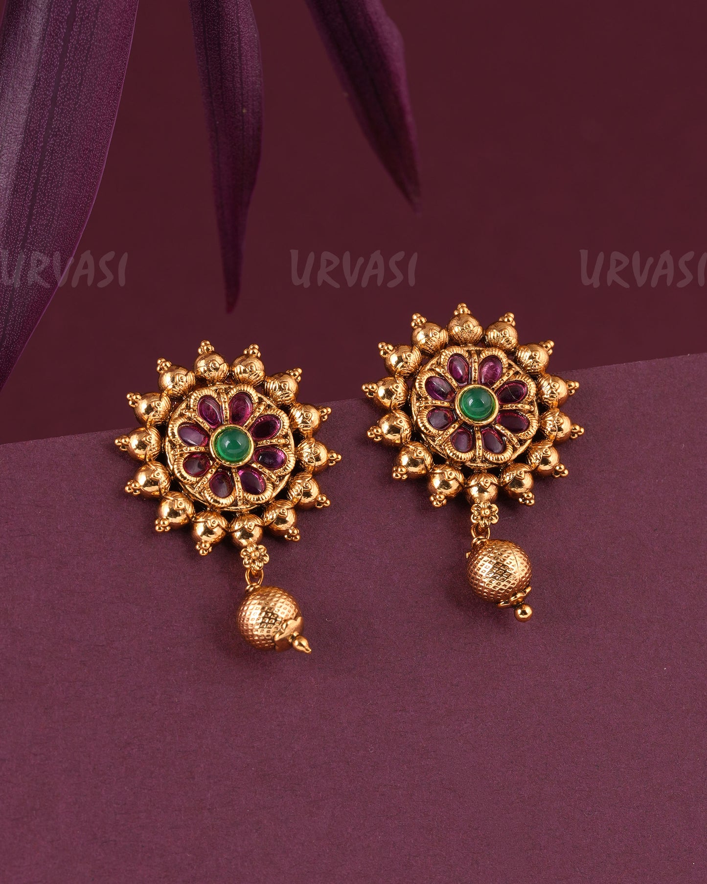 Gold-Toned Floral Stud-Hanging Earrings ER 977