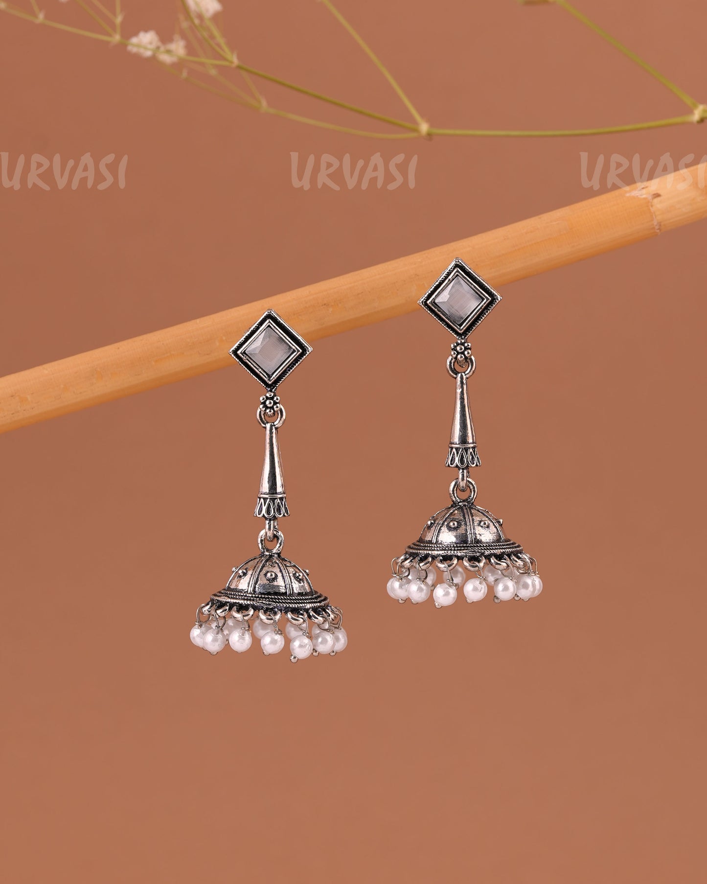 Oxidised Silver Pearl Hanging Jhumka Earrings ER 998