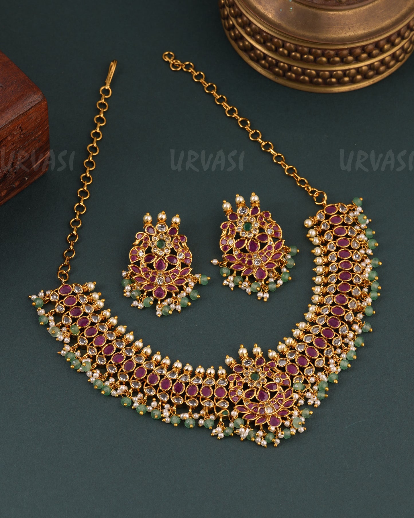 Gold-Toned Chandbhali Designed Stone Pearl Necklace 1654