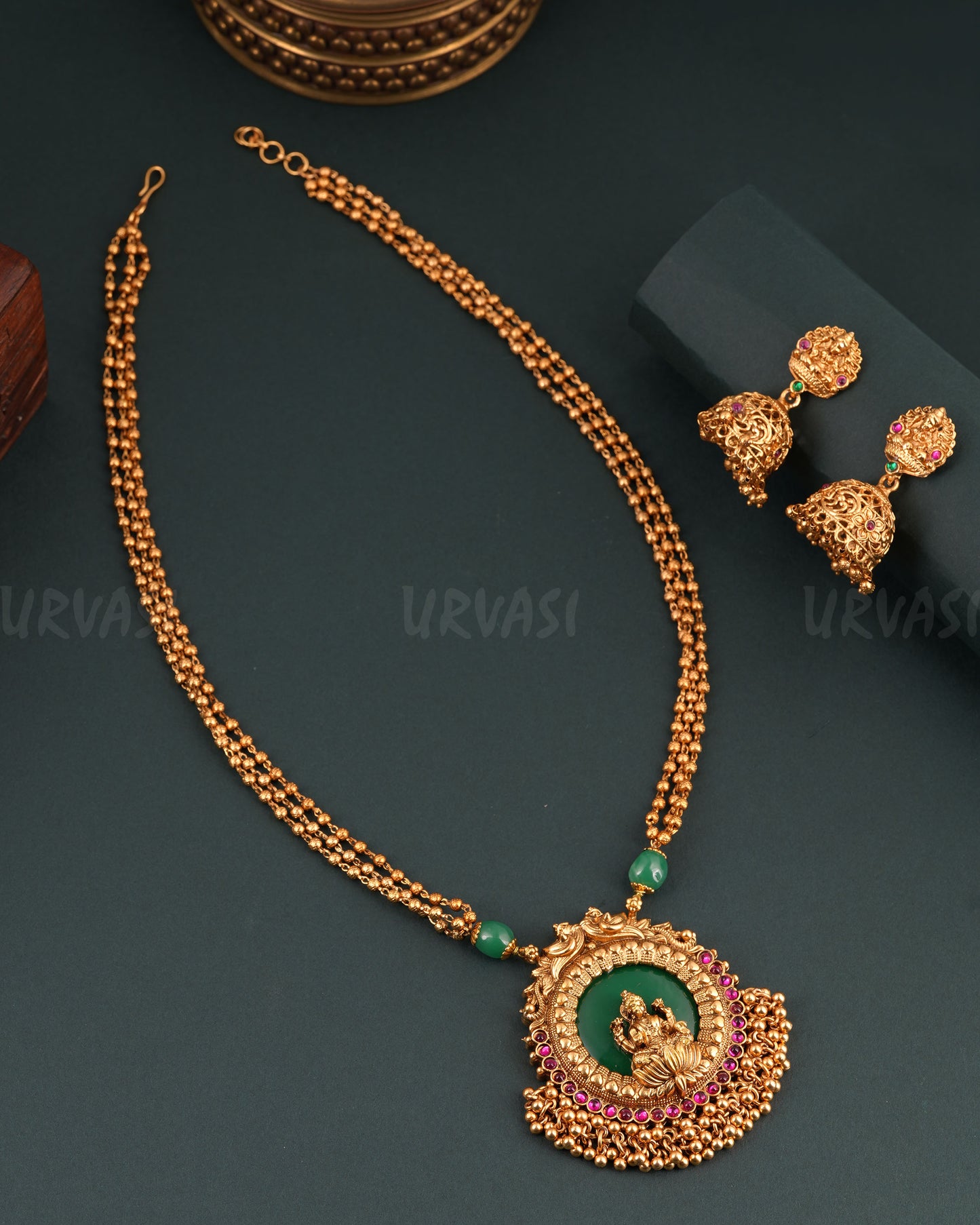 Gold-Toned Floral Lakshmi Jhumka Hanging long Necklace 1673